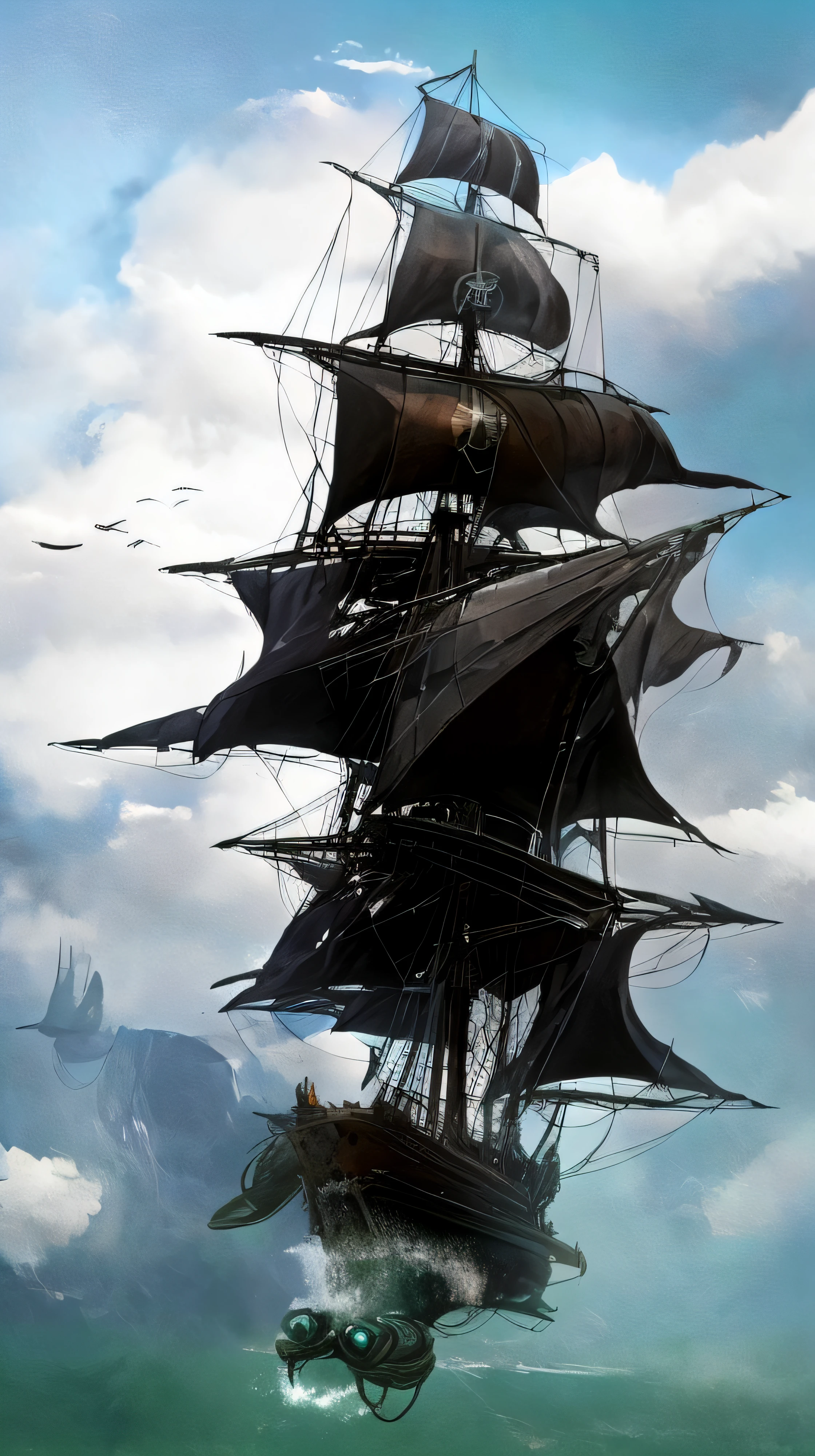 Futuristic super pirate sailing ship loaded with cannons floating above the clouds surrounded by seagulls and below a rough sea with many waves