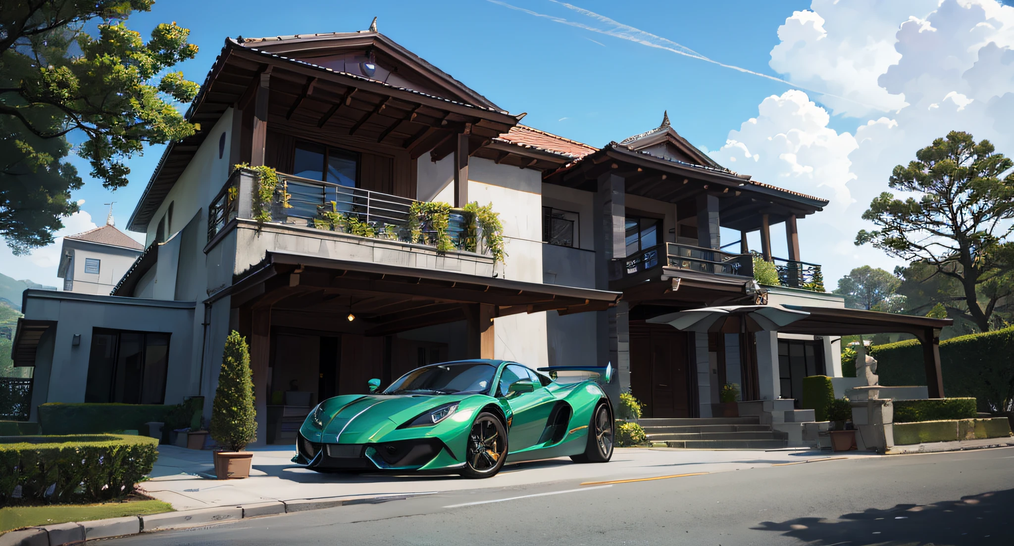 Modern mansion façade with super car in front, carro de cor verde, Front view, paisagem, background with blue sky, background with trees, highes definition, foto premiada, hdr --auto