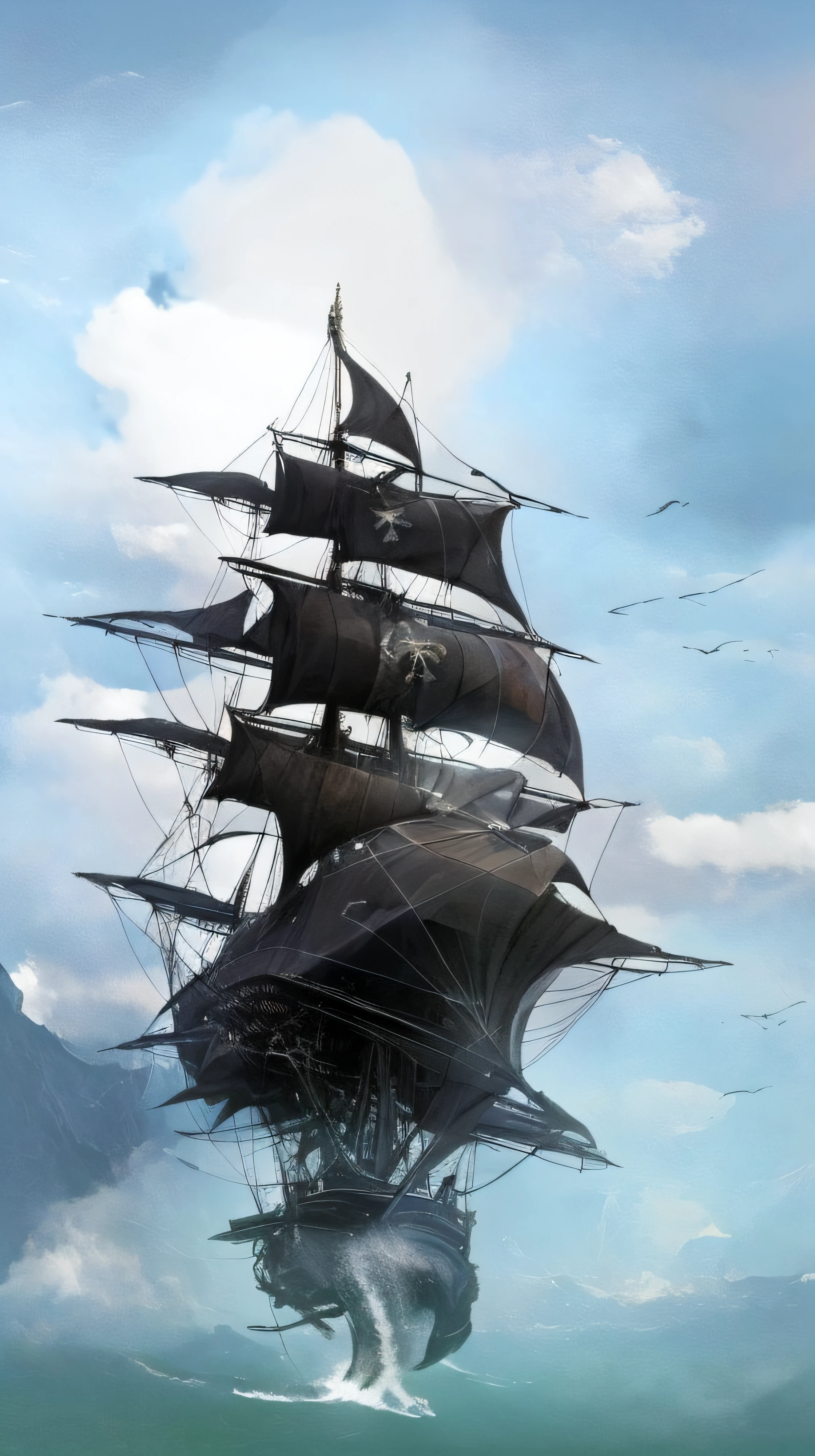 Futuristic super pirate sailing ship loaded with cannons floating above the clouds surrounded by seagulls and below a rough sea with many waves