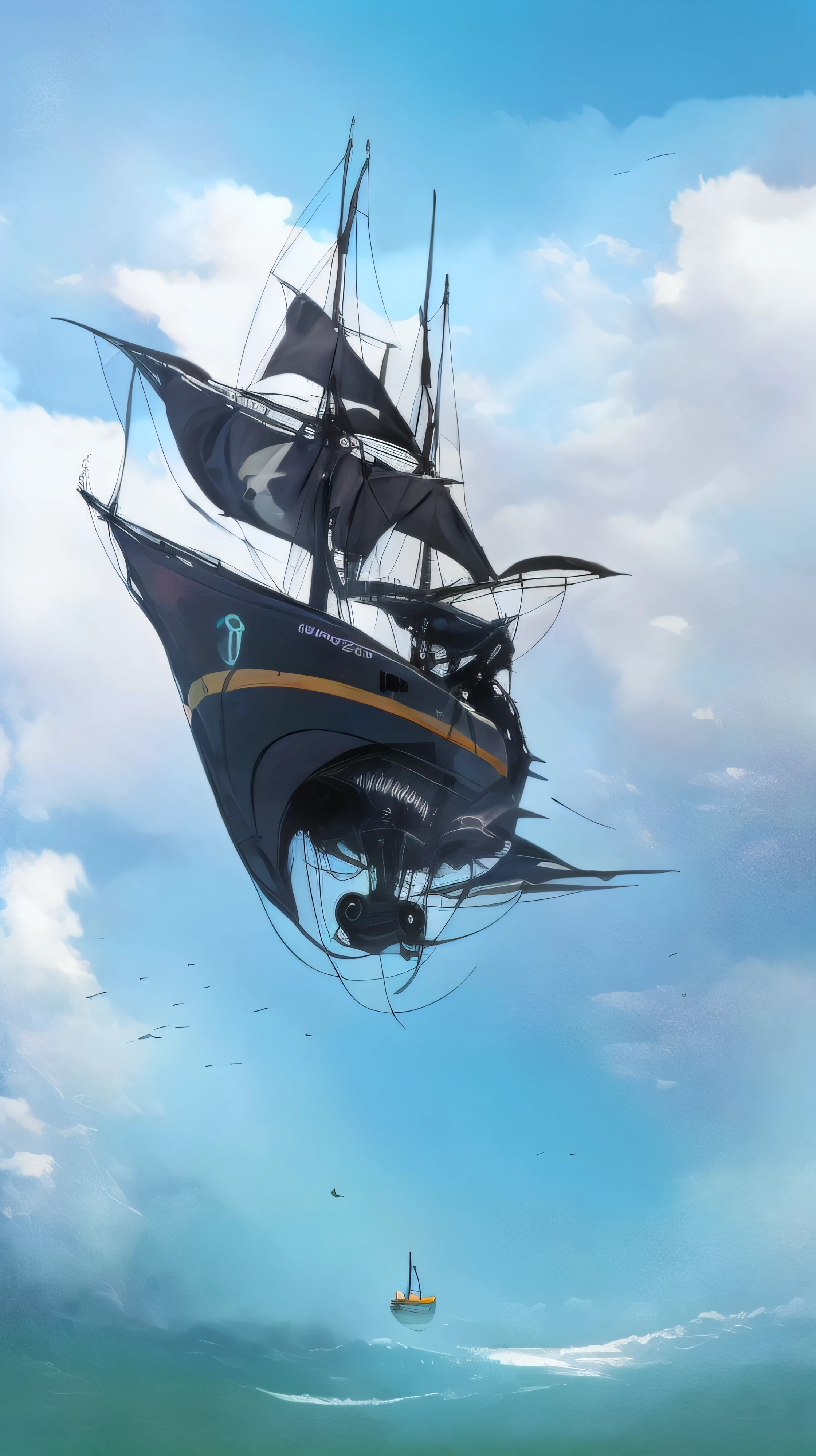 Barco de vela pirata futurista flotando por encima de las nubes y abajo una mar encrespada con muchas olas