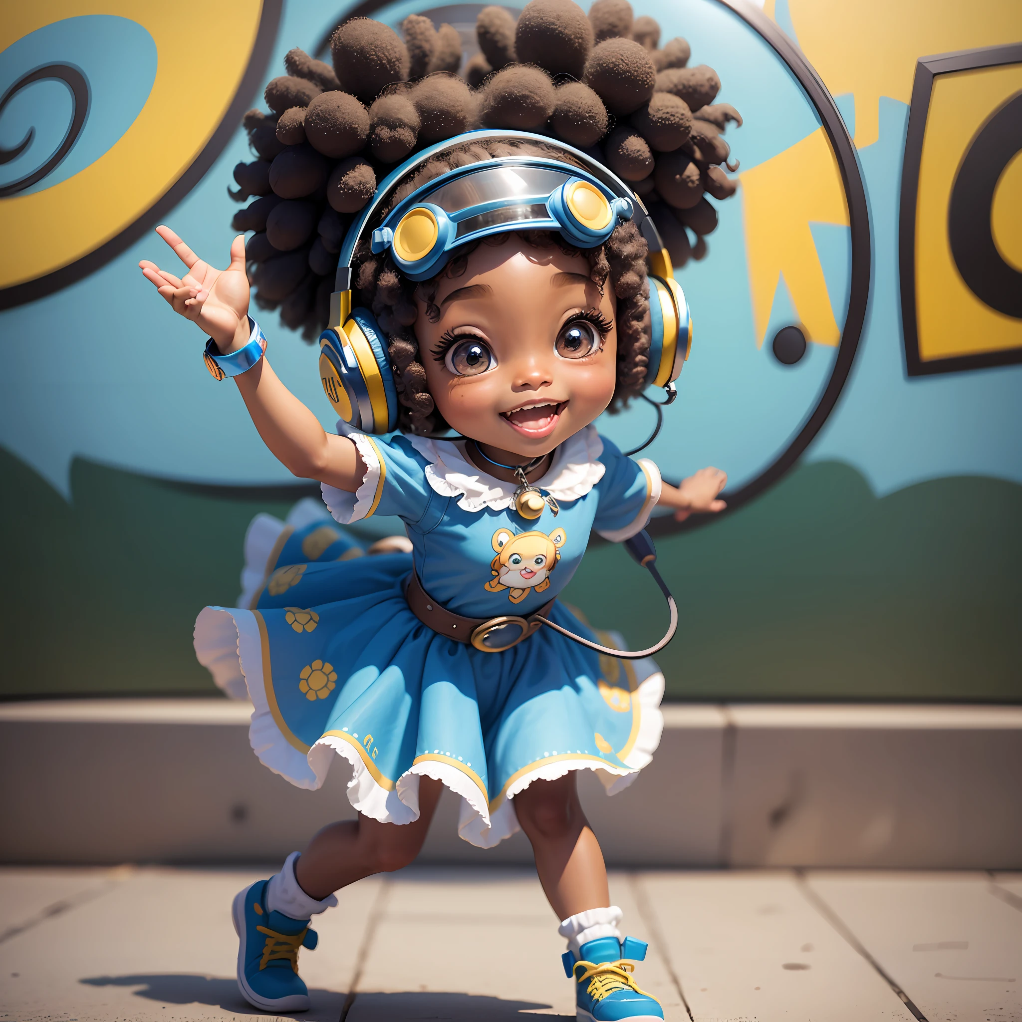Funny Afro Girl Walking and Dancing 3D Cartoon Sticker, (Sweet Eyes), Child Smile, Beautiful Young Woman, (((Listening to Music with Headset)))), Cute Smile, Chibi, Ariannegrande Style, Happy, Big Eyes, Fish Eyes, Joy Affections, Happiness, Pixar Style, (((Full Body))), Solid Blue Background Color, Cosplay Like Bilbo Baggins SeaArt Dreamsharp Model --auto --s2