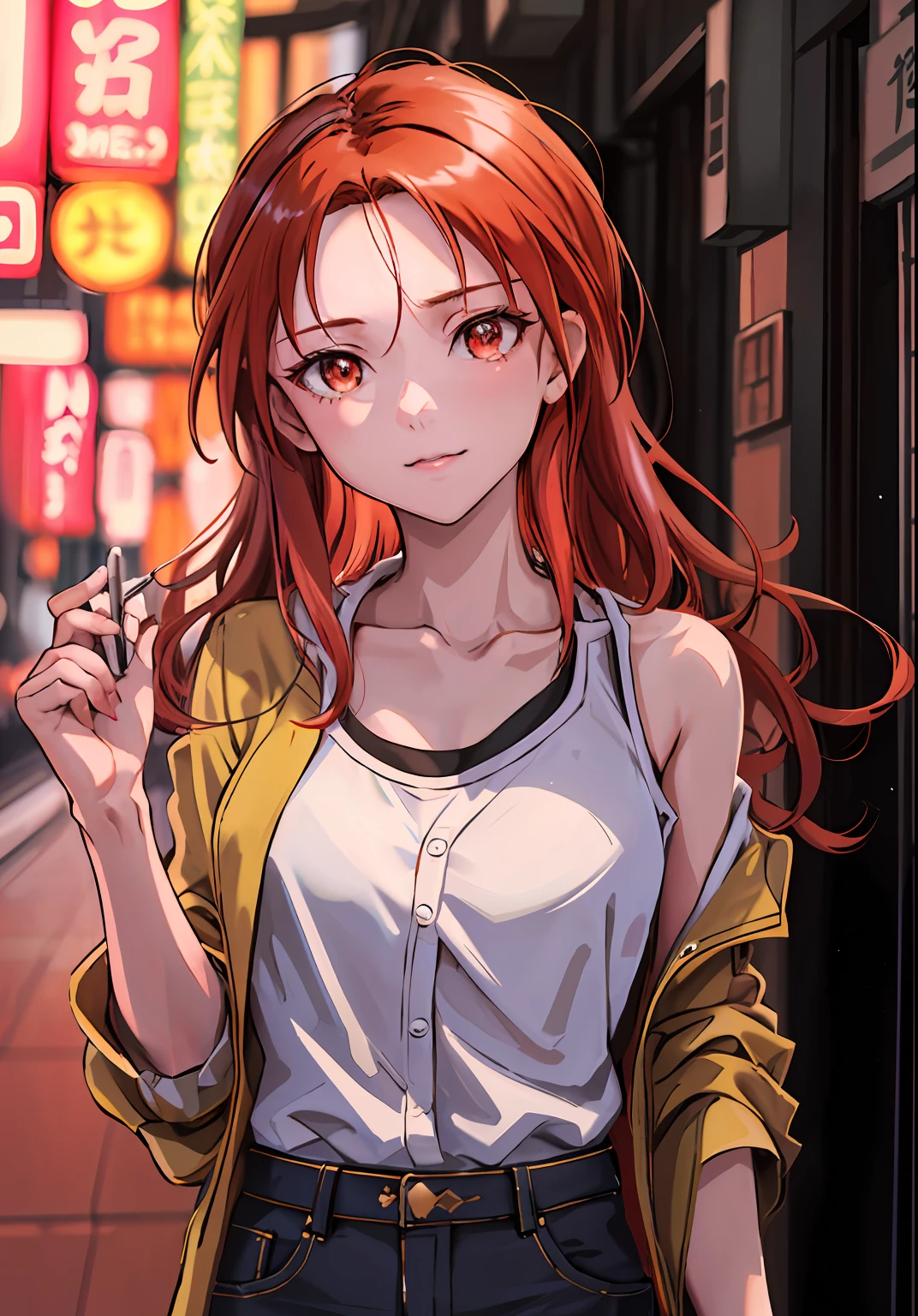 (highres, best quality:1.2), 1girl, Shimada fumikane artstyle, 1girl, sparkling eyes, radiance, soft contours, beautiful drawing, upper body, concept art, neon light, eyelashes, long red hair, minna dietlinde wilke, red eyes, casual wear