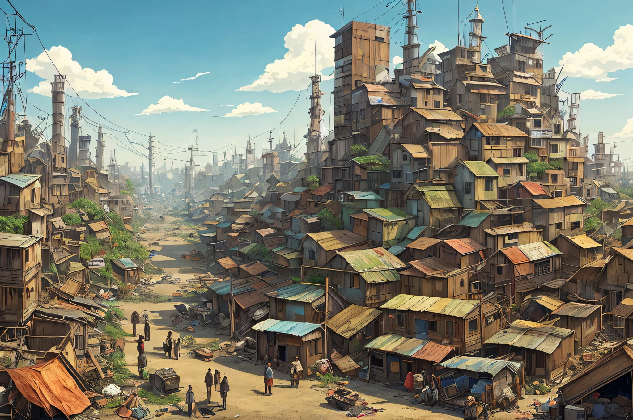 dystopian city of junks, junk, rust, garbage, trash, broken, pilgrims and visitors from space, studio ghibli