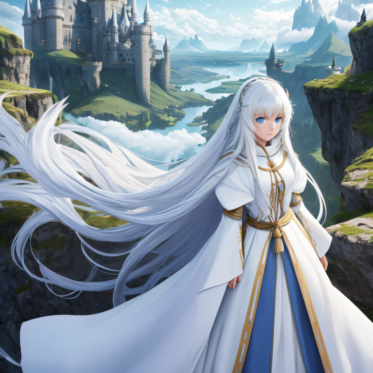 Kizi,tmasterpiece,8k,Half realistic,4k,RTX,Shaders,Excellent texture work,White long-haired girl,In the medieval castle vista,Wearing pure white robes,Standing expressionless in the vast scene,The background is a wilderness with blue sky and white clouds,She has blue eyes,Atmosphere full of magic。 --auto