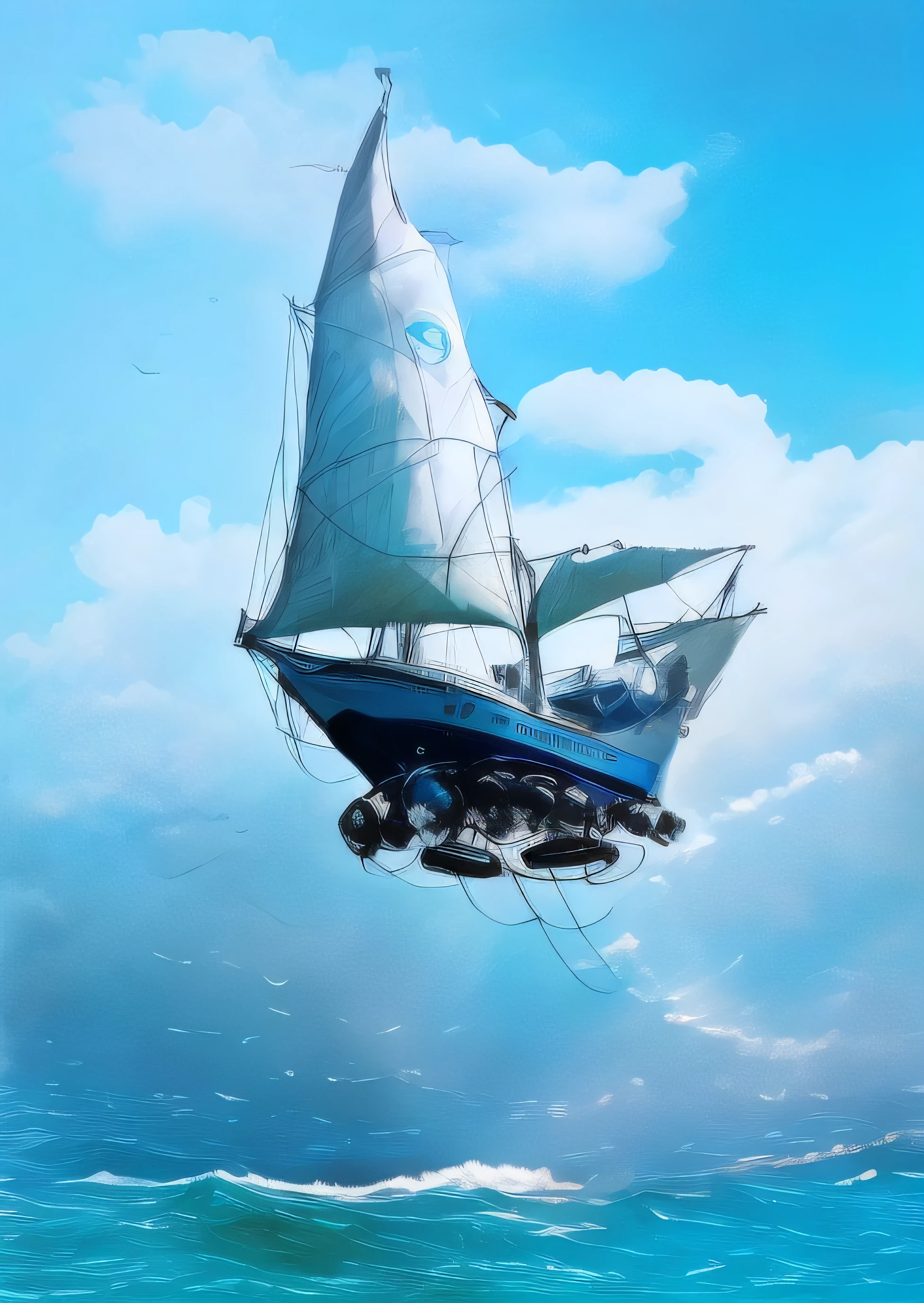 Barco de vela futurista saltando nubes y abajo una mar agitada