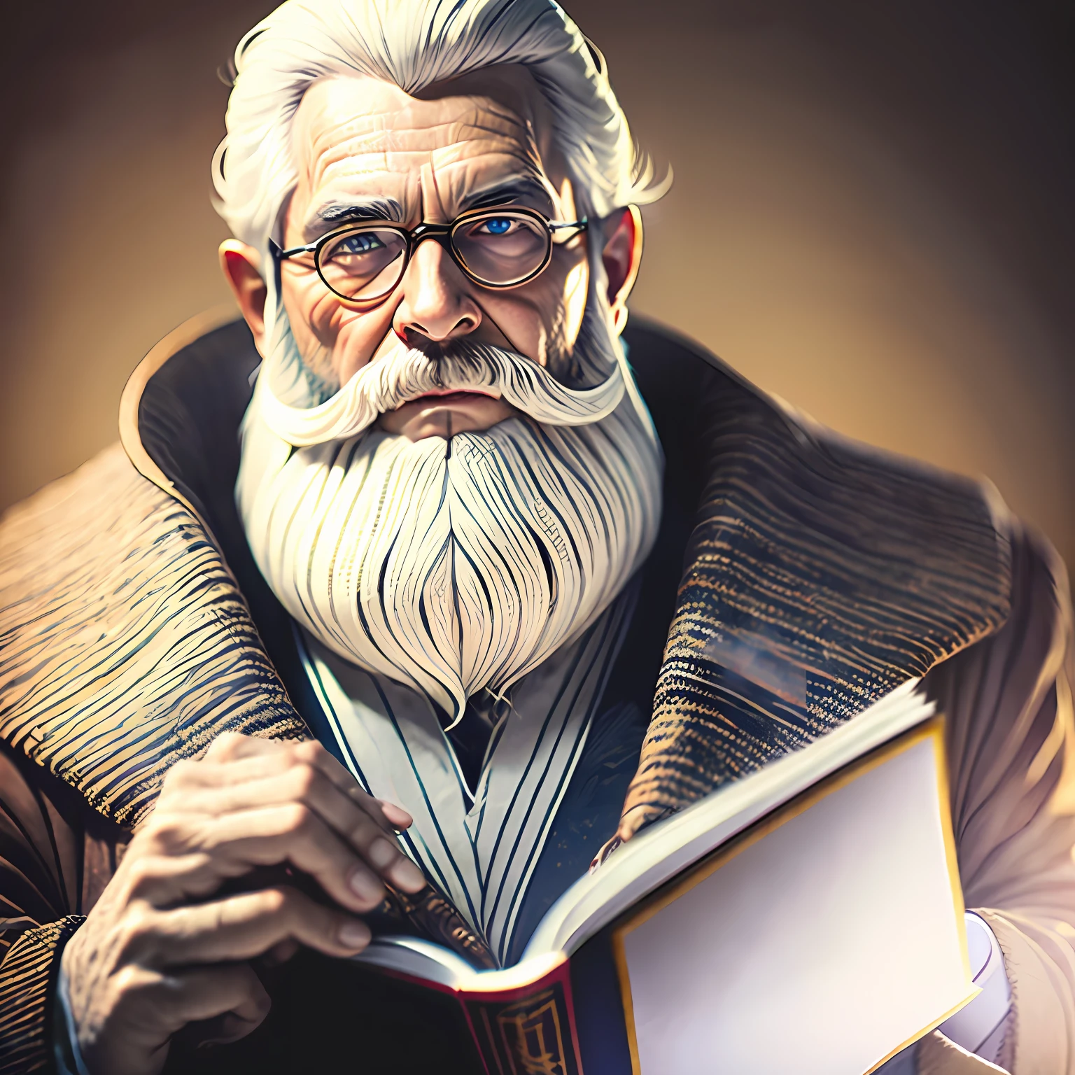 an elder with beards and white hair, com rosto sereno com roupa de professor e livros nas maos --auto --s2