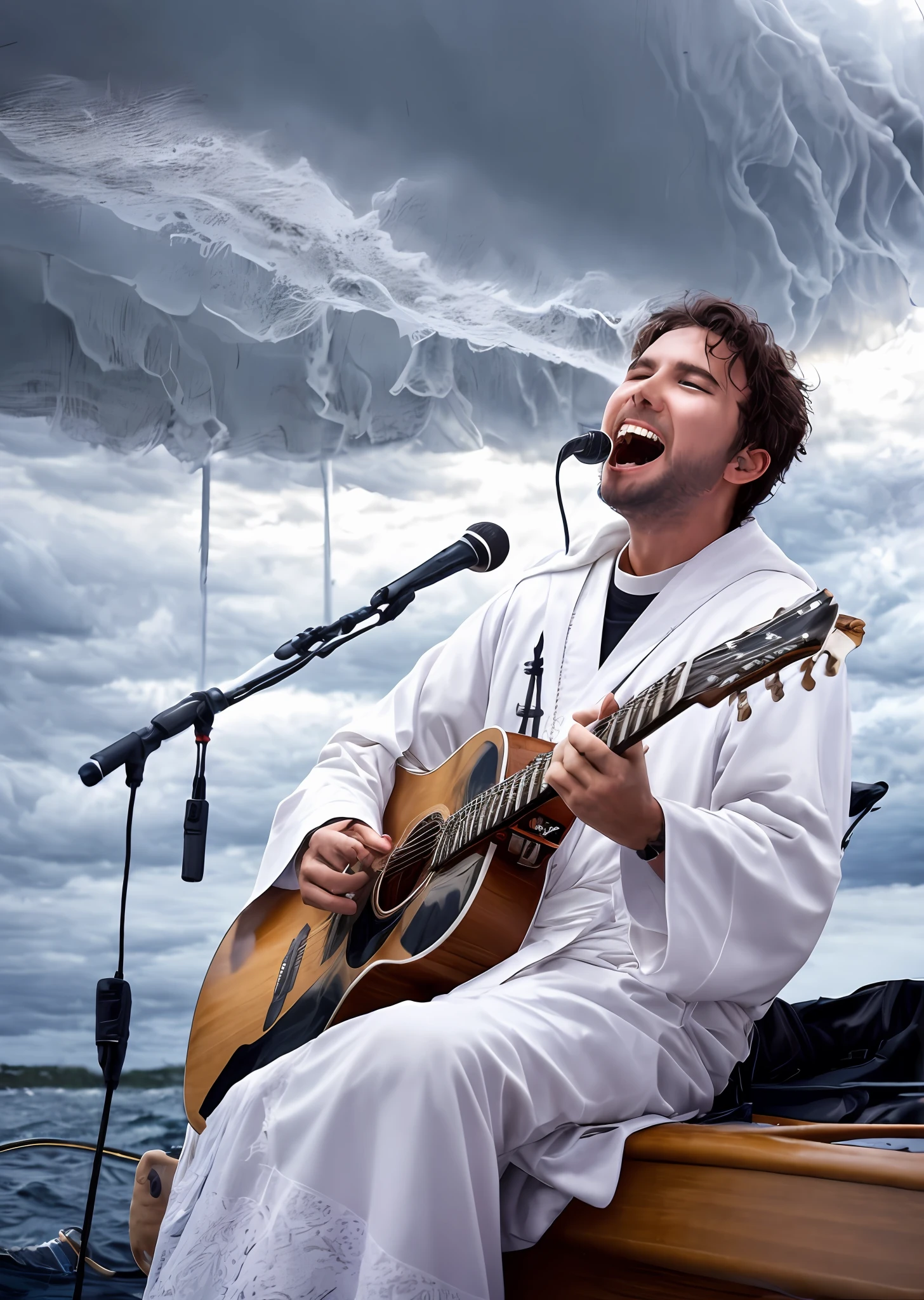 Christian Catholic holy man singing and playing guitar in Christian robes in a storm on the side of a boat strong head-on wind coming out spark of fire from the sound of the guitar