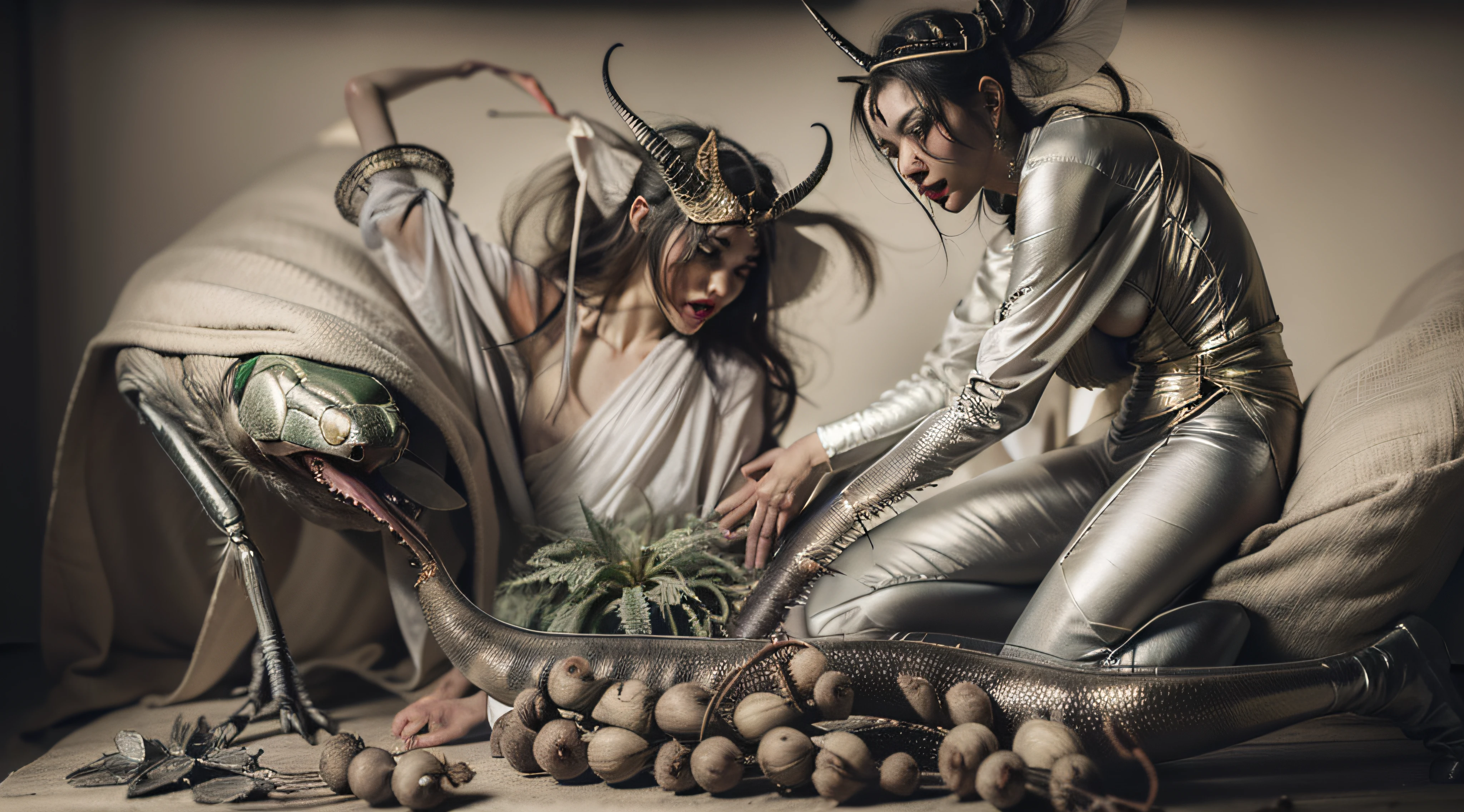 "((Obra maestra))(The best lighting, alto contraste, oscuro, dramatic, Acabado fotorrealista),(mujer con brazos de mantis religiosa, insecto, monja, enfado, Llorosos),(Baphometh saca la lengua), viejos, lobos, gusanos, lombrices, Serpientes. Luz Caravaggio"