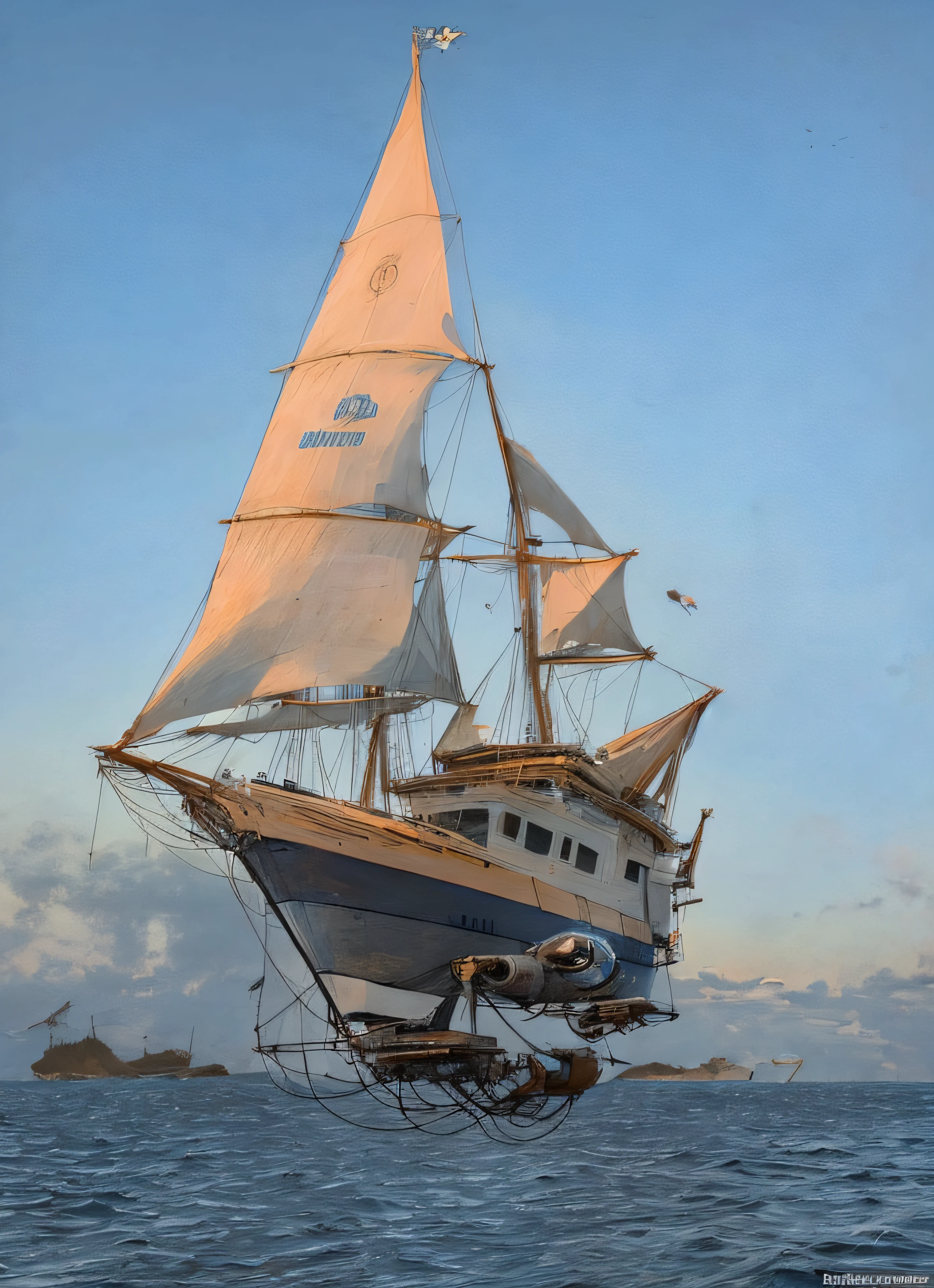 Barco de vela dorado saltando nubes