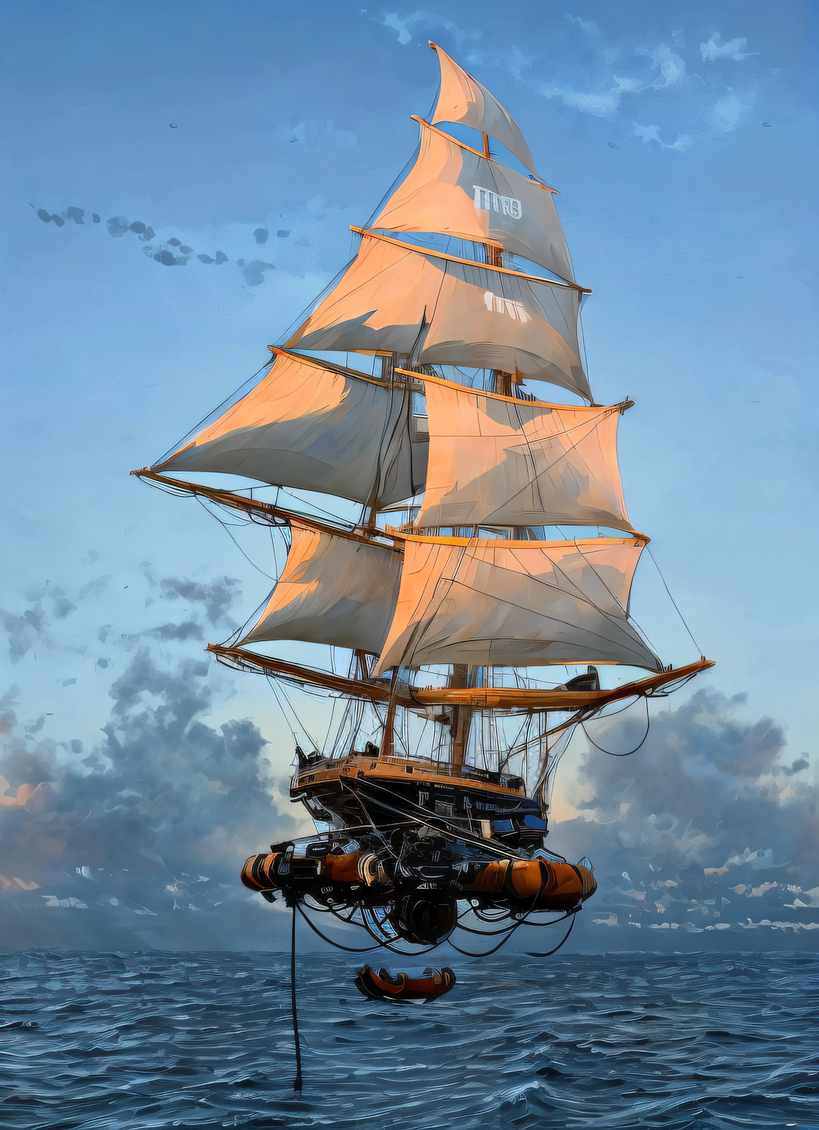 Barco de vela dorado saltando nubes