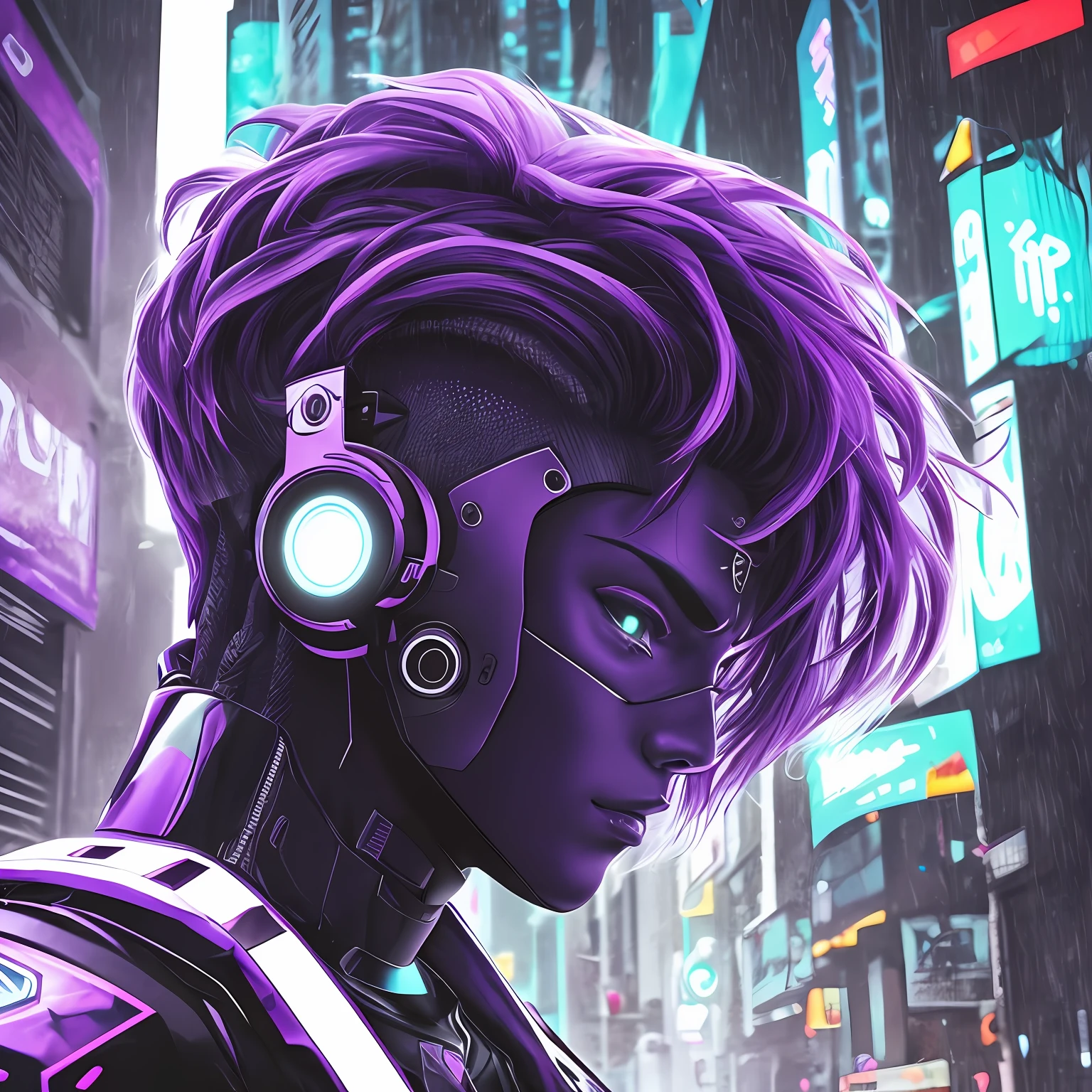 Homem, fotografia, rosto, com terno, estilo cyberpunk, cores roxo , Futuristic dark setting, ultra realista na chuva --auto