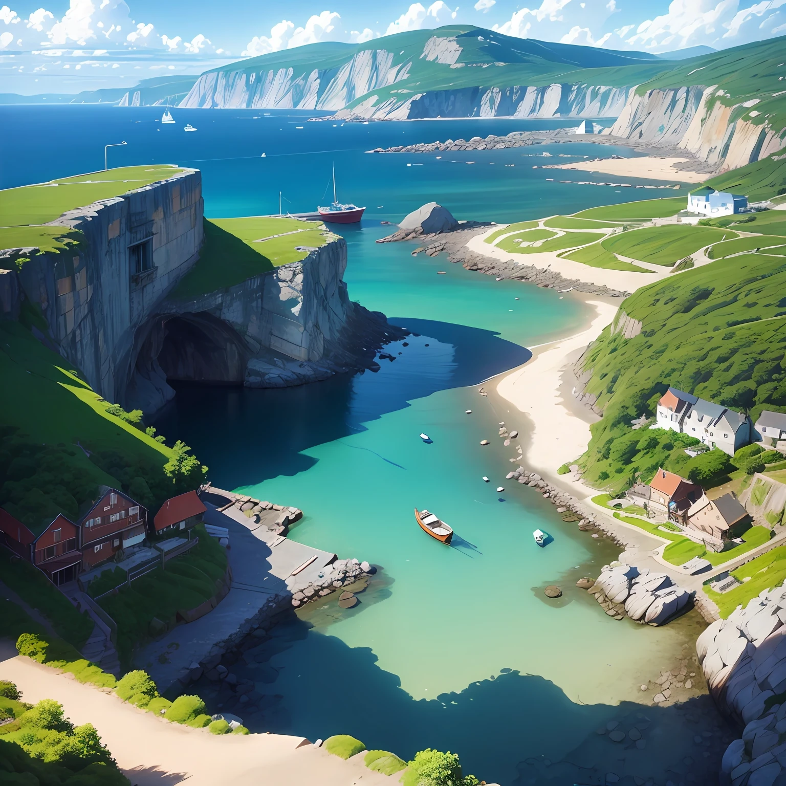 small boats at a rocky harbour and a blue town in the background, studio ghibli scene anime --auto