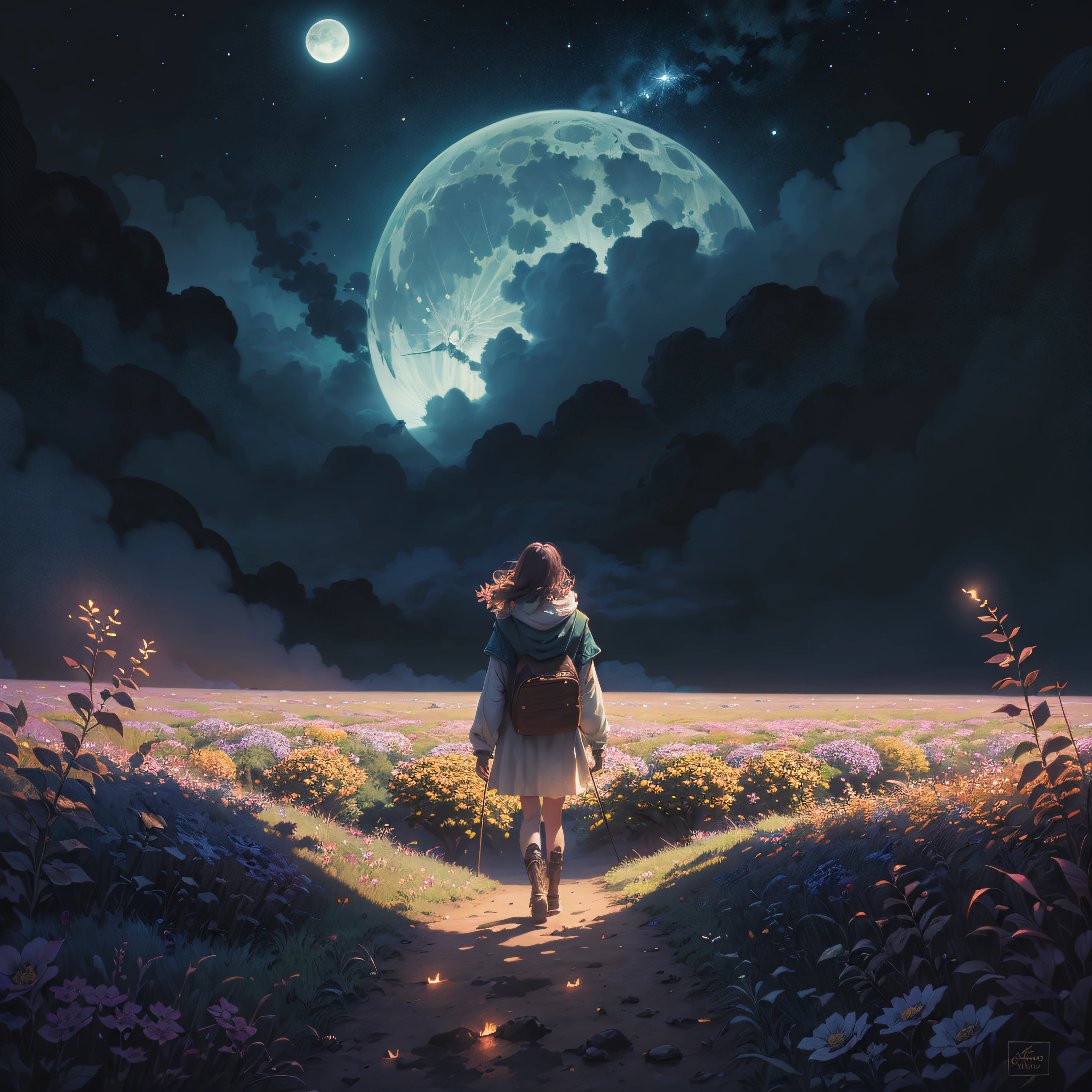 Vast landscape photo, (viewed from below, the sky is above and the open field is below), a girl standing on a flower field looking up, (full moon: 1.2), (meteor: 0.9), (nebula: 1.3), distant mountains , Trees BREAK Crafting Art, (Warm Light: 1.2), (Fireflies: 1.2), Lights, Lots of Purple and Orange, Intricate Details, Volumetric Lighting, Realism BREAK (Masterpiece: 1.2), (Best Quality), 4k, Ultra-Detailed, (Dynamic Composition: 1.4), Very Detailed, Colorful Details, (Rainbow Colors: 1.2), (Glow Lighting, Atmospheric Lighting), Dreamy, Magical, (Solo: 1.2)
