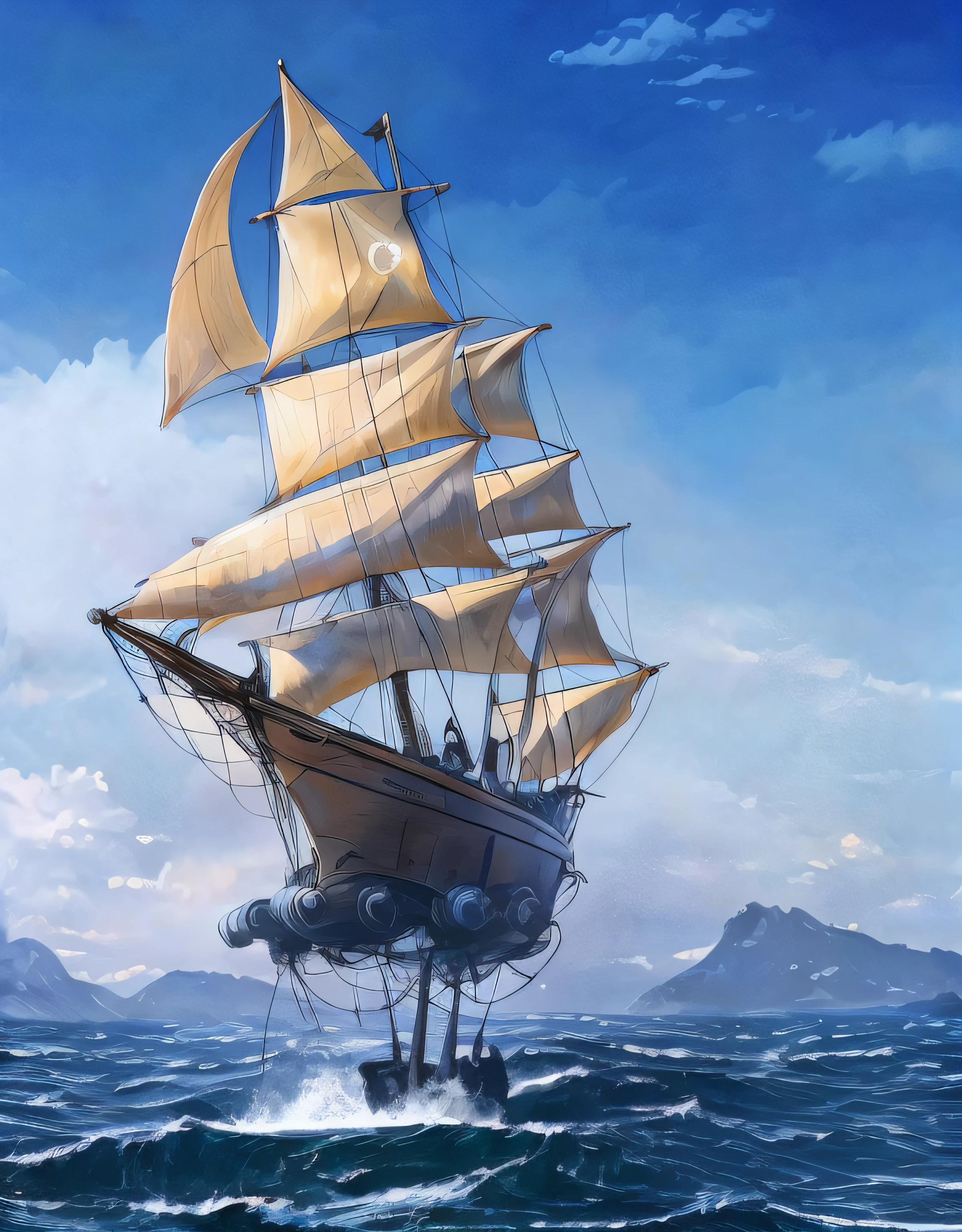 Barco de vela futurista saltando nubes