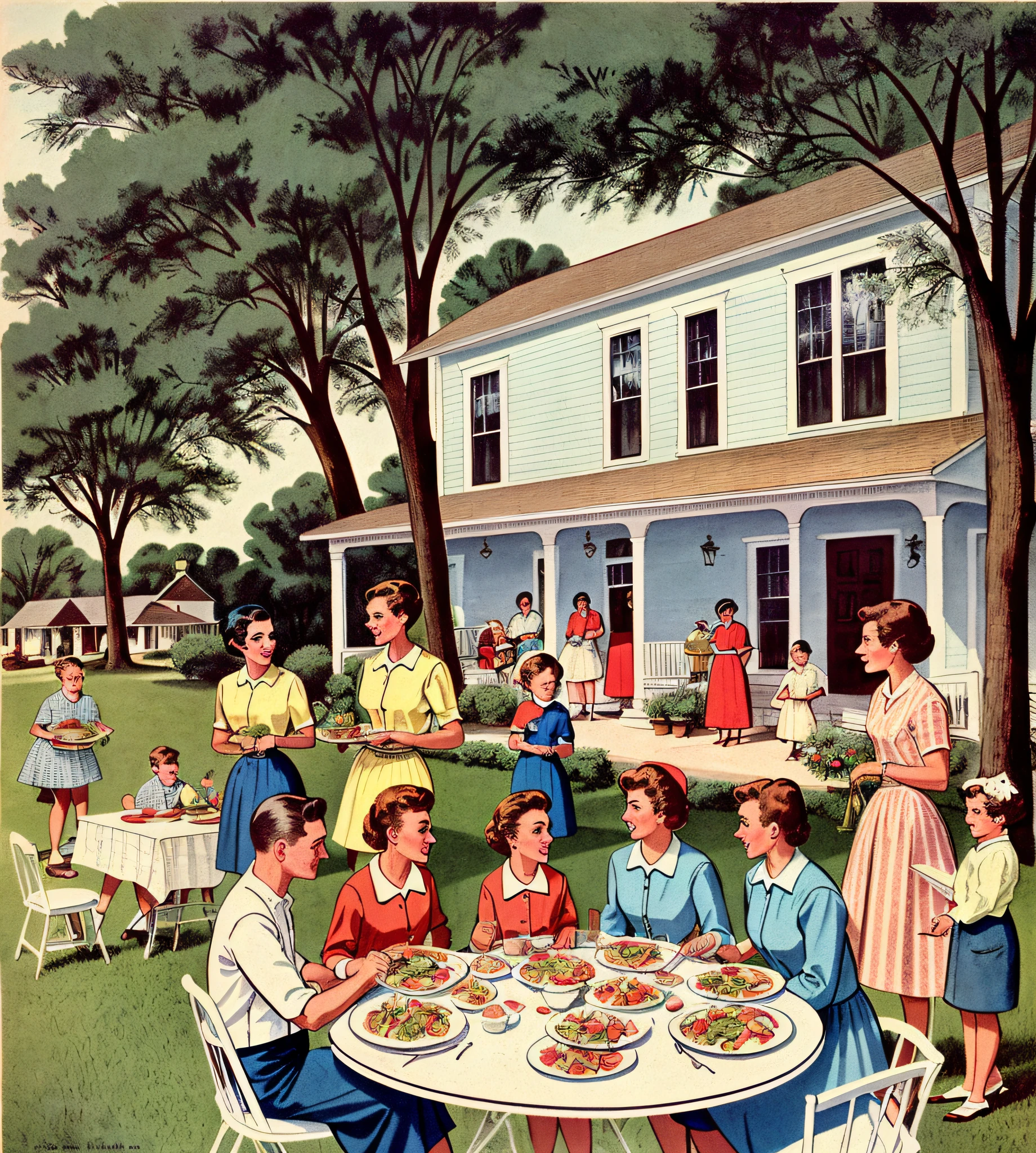 high quality comic of a family gathering outside a house for a meal, color illustration, southern gothic scene, people outside eating meals, family dinner, 1960s illustration, 1950s illustration style, al fresco, full color illustration, 1 9 5 0 s americana tourism, vintage 1960 print by artist john sloane