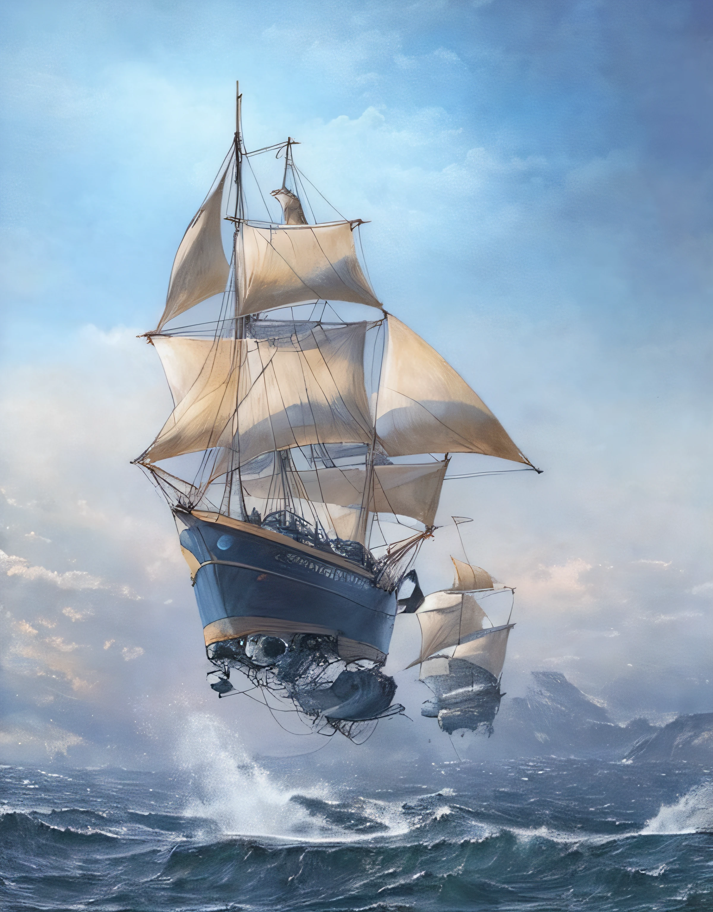 Barco de vela futurista saltando nubes