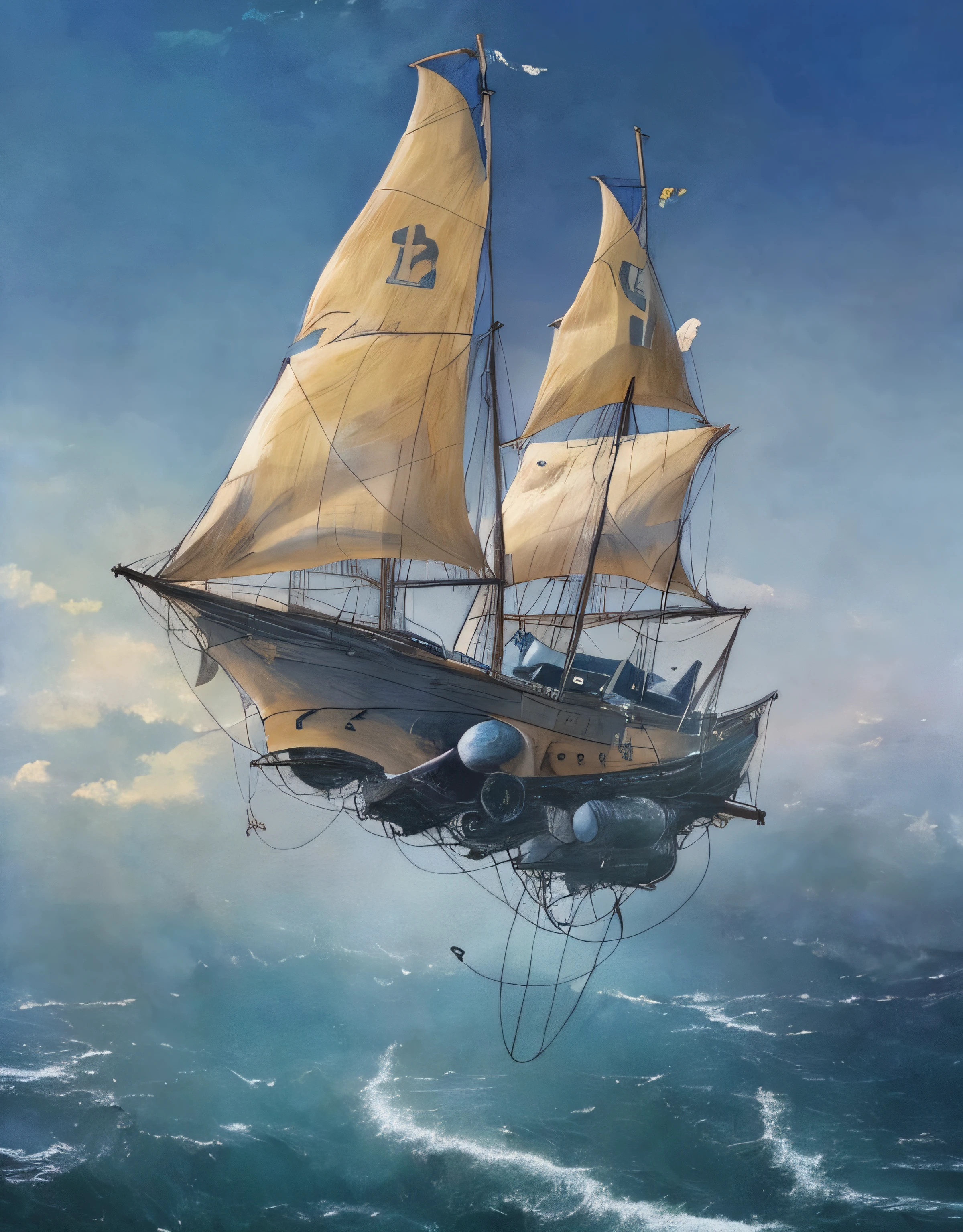 Barco de vela futurista saltando nubes