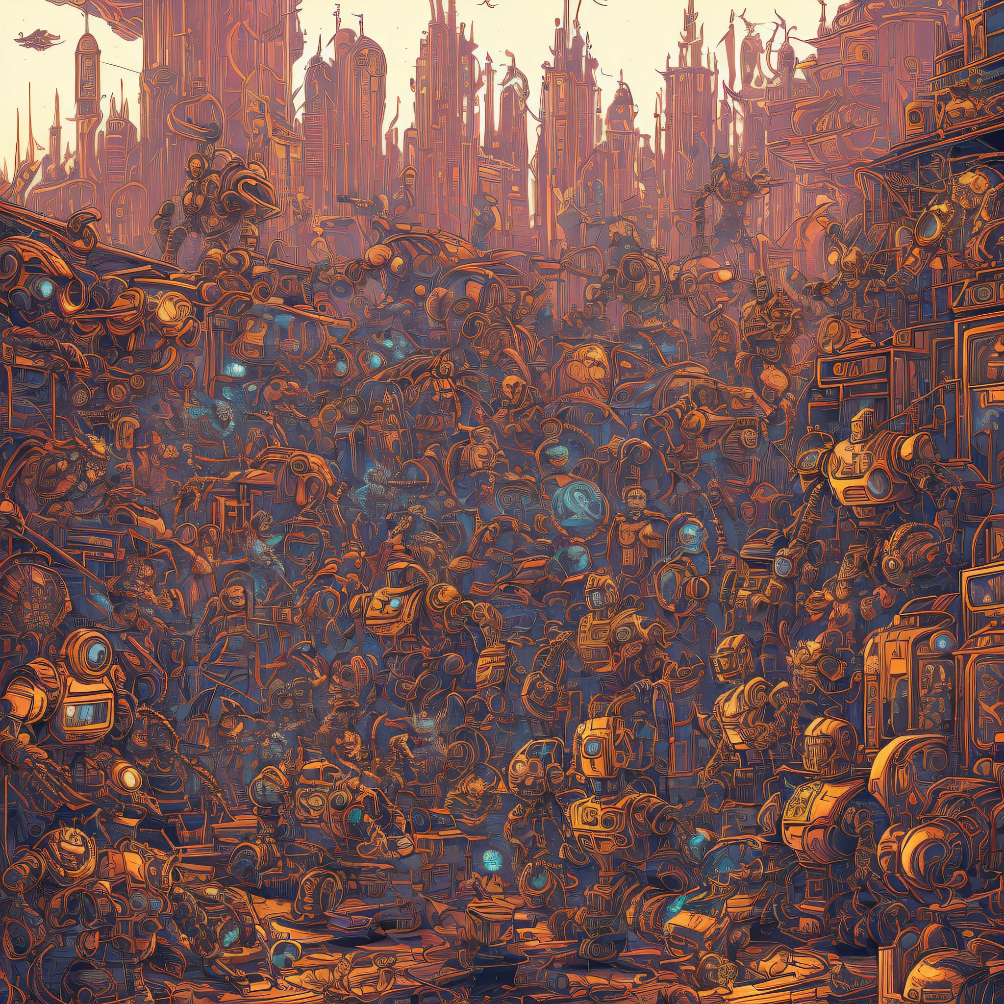 a drawing of a bunch of robots and people, highly detailed cover art, insanely intricate, exceedingly insanely intricate, insanely highly detailed artwork, detailed steampunk illustration, insanely detailed art, very detailed illustration, highly detailed dark art, scary detailed art in color, crazy detailed and complex, josan gonzales and dan mumford, geof darrow art --auto