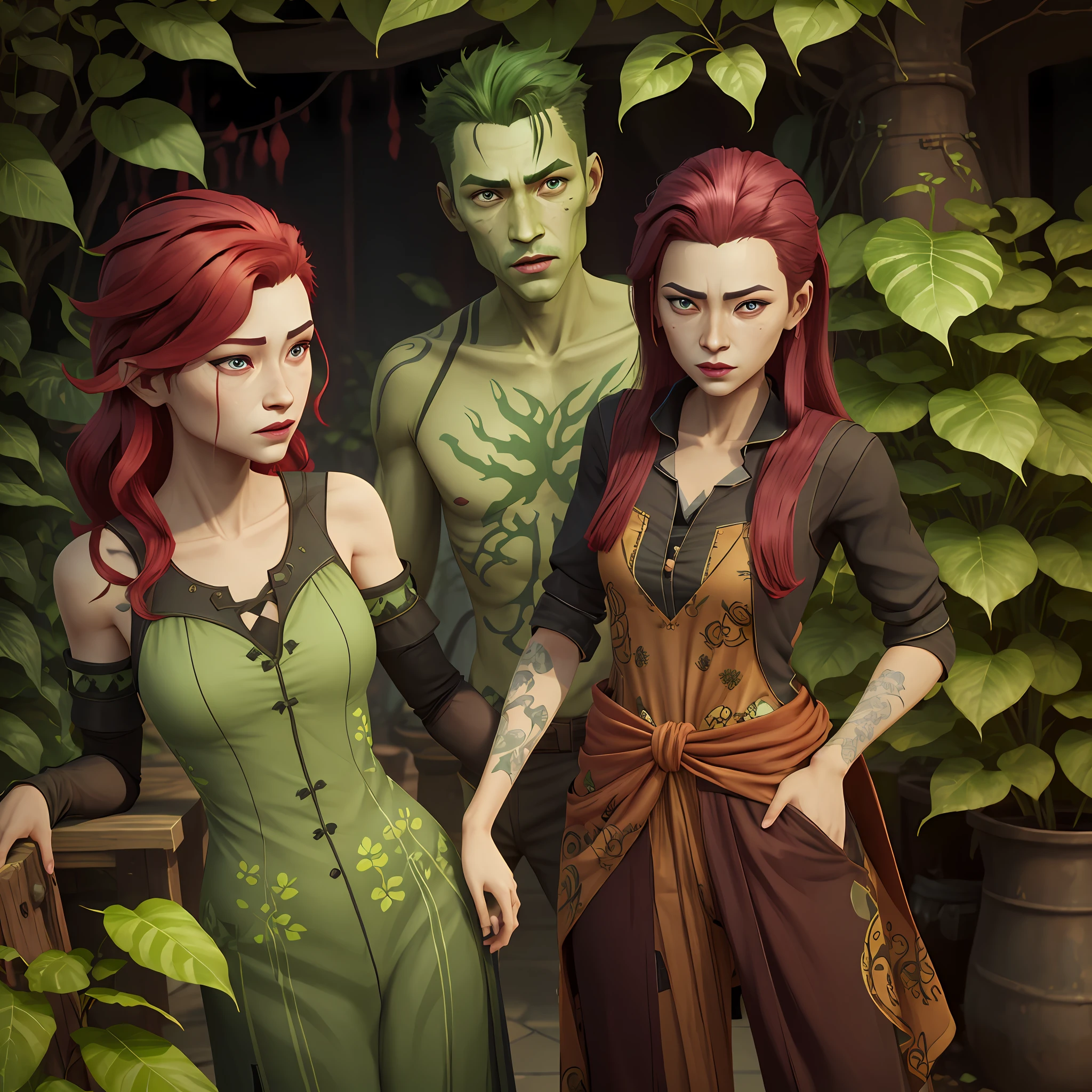 1 woman, 独奏, poison ivy, green skin, patterns on the skin, Rust long wavy hair, green colored eyes, Rostoman, Man-Plant, Sims 4, Plants in the background