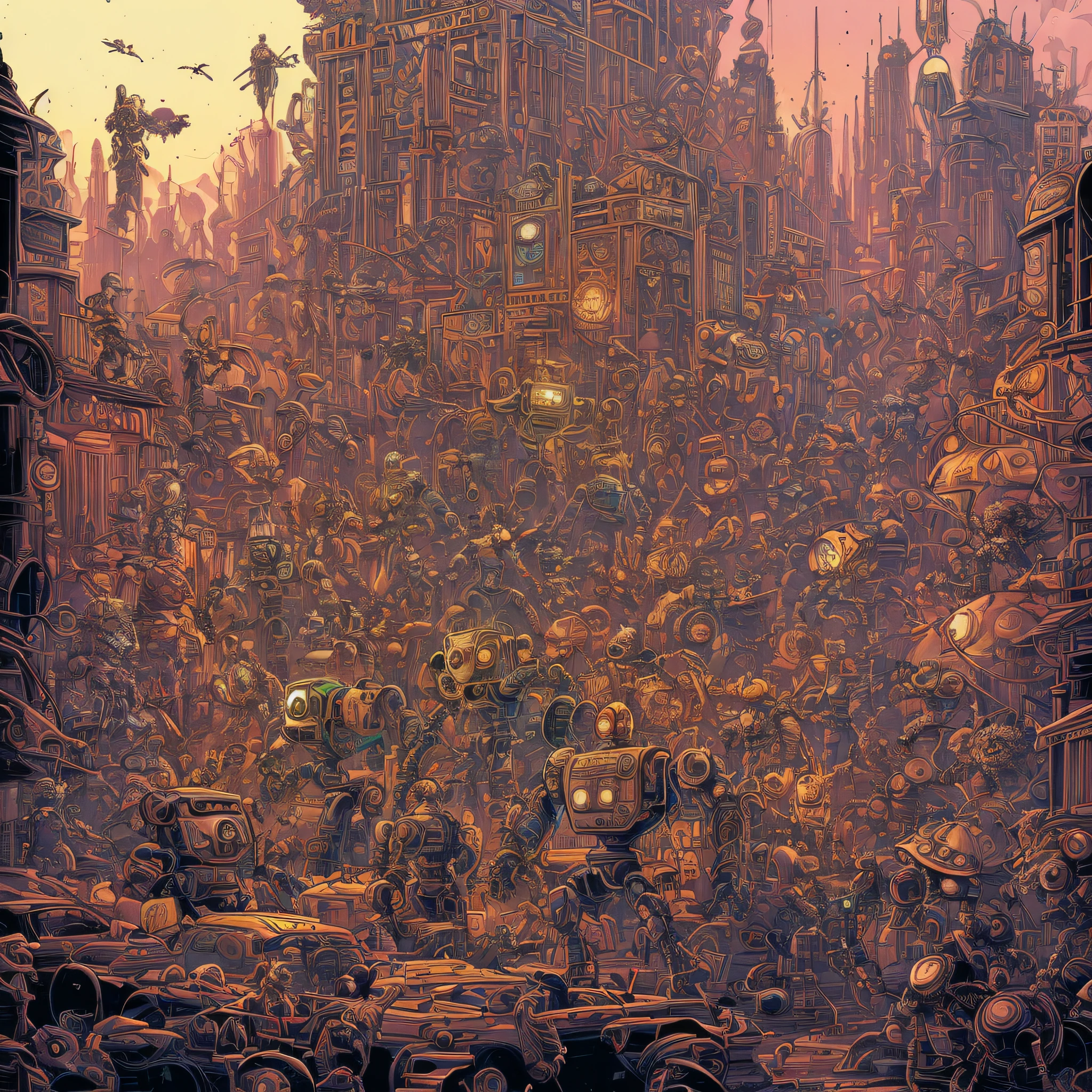 a drawing of a bunch of robots and people, highly detailed cover art, insanely intricate, exceedingly insanely intricate, insanely highly detailed artwork, detailed steampunk illustration, insanely detailed art, very detailed illustration, highly detailed dark art, scary detailed art in color, crazy detailed and complex, josan gonzales and dan mumford, geof darrow art --auto