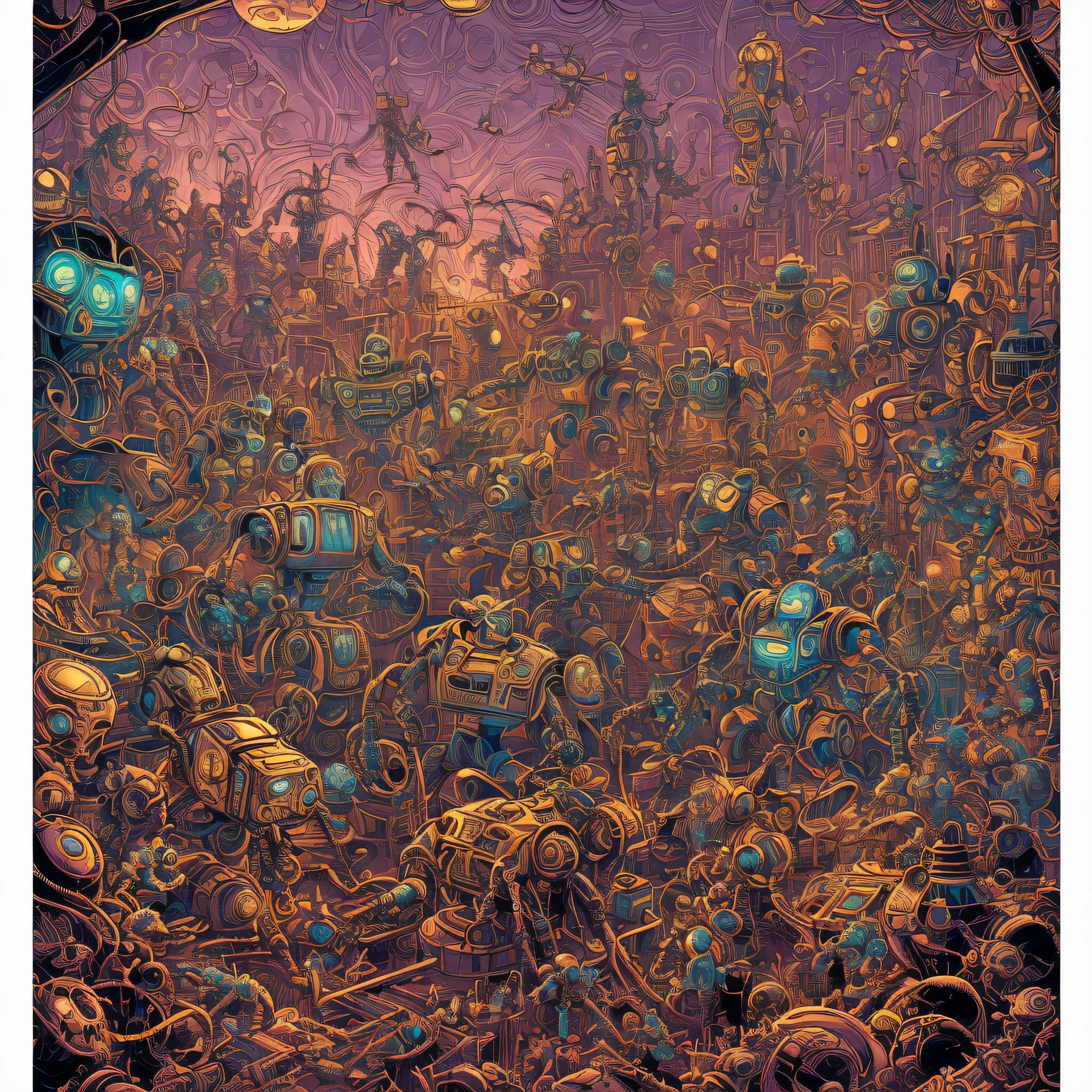 a drawing of a bunch of robots and people, highly detailed cover art, insanely intricate, exceedingly insanely intricate, insanely highly detailed artwork, detailed steampunk illustration, insanely detailed art, very detailed illustration, highly detailed dark art, scary detailed art in color, crazy detailed and complex, josan gonzales and dan mumford, geof darrow art --auto