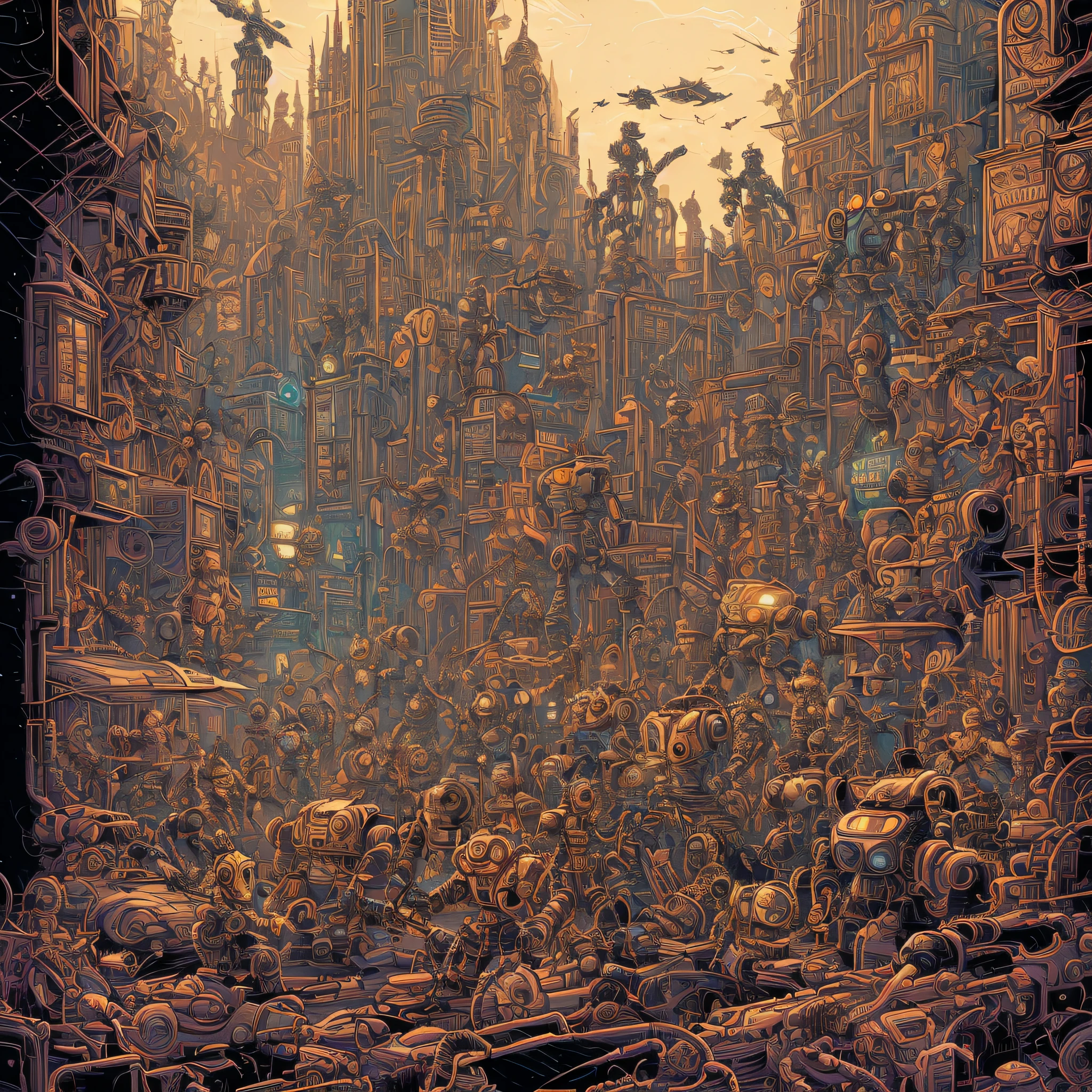 a drawing of a bunch of robots and people, highly detailed cover art, insanely intricate, exceedingly insanely intricate, insanely highly detailed artwork, detailed steampunk illustration, insanely detailed art, very detailed illustration, highly detailed dark art, scary detailed art in color, crazy detailed and complex, josan gonzales and dan mumford, geof darrow art --auto