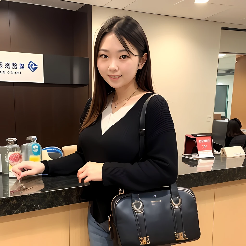 A beautiful woman is now in front of the counter of Xiamen Bank