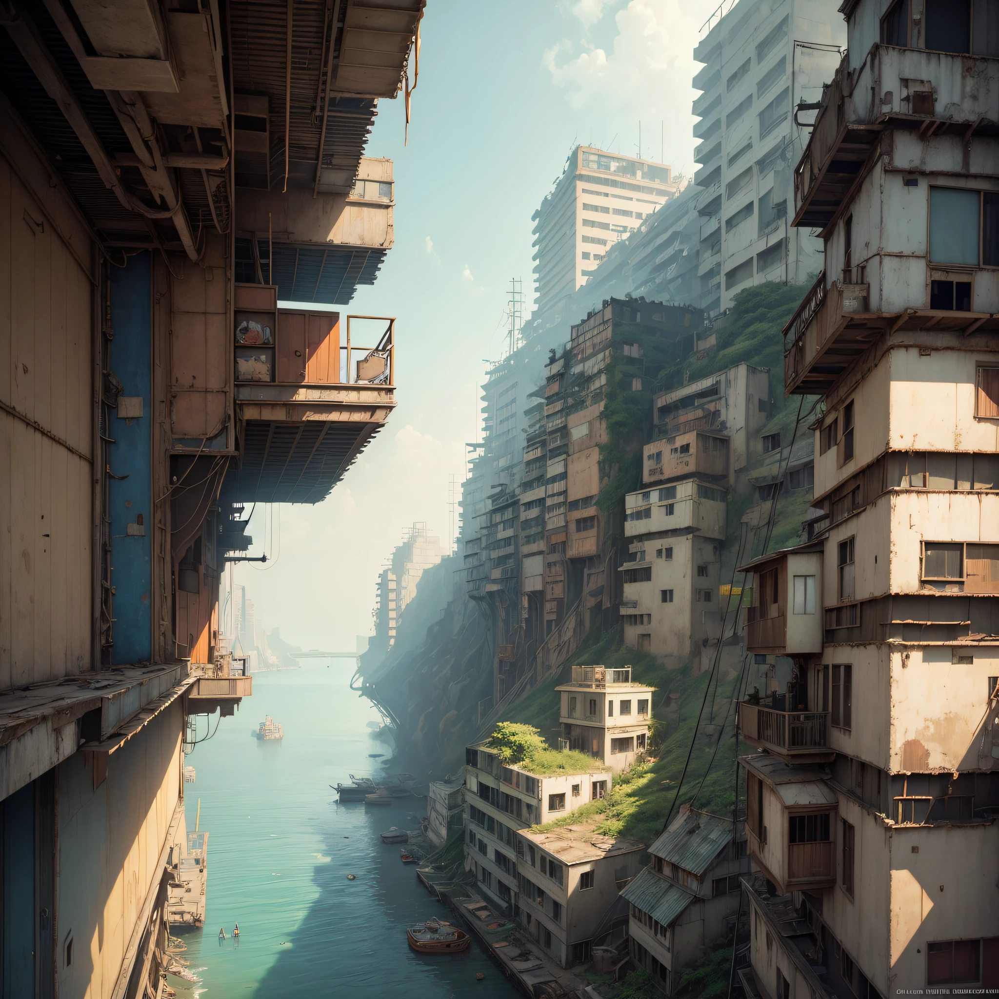 dystopian city of junks, junk, rust, garbage, trash, broken, multiple levels of jubk, pilgrims and visitors from space, studio ghibli --auto