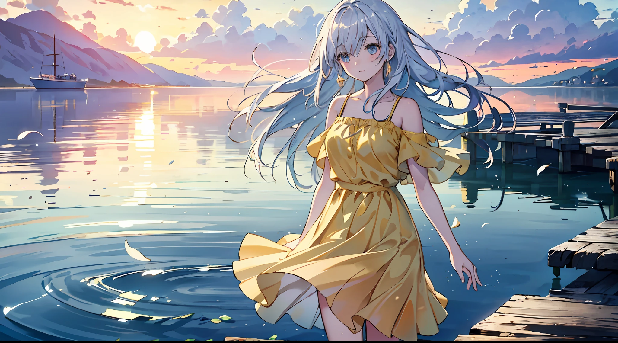 A masterpiece, the best quality, stunning reflections, the best reflections ever. (very detailed CG unity 8k wallpapers), (best quality), (best illustrations), (best shadows), Octane Rendering, Ray Traced, Super Detailed, In a sun-kissed port landscape, a young girl wearing a flowing yellow dress stands gracefully, surrounded by a sea of warm, golden hues. The girl's eyes sparkle with wonder as she gazes toward the horizon, where the sun begins its descent, painting the sky in a breathtaking array of oranges and pinks. Amidst the wooden docks and sailboats, the girl clutches a sketchbook, her artistic passion evident in every stroke of her charcoal pencil. Her hair gently sways in the coastal breeze, adding a touch of dynamism to the serene tableau. The port's quaint buildings, adorned with potted flowers, blend harmoniously with the natural beauty of the landscape. Seagulls glide overhead, their calls mingling with the soothing sounds of lapping waves and distant laughter. As the day progresses, the golden tones of the scene transition into hues of warm orange and soft pink, creating a dreamlike atmosphere. This tranquil moment, with the girl at its heart, captures the eternal allure of youth and the timeless beauty of the sea.