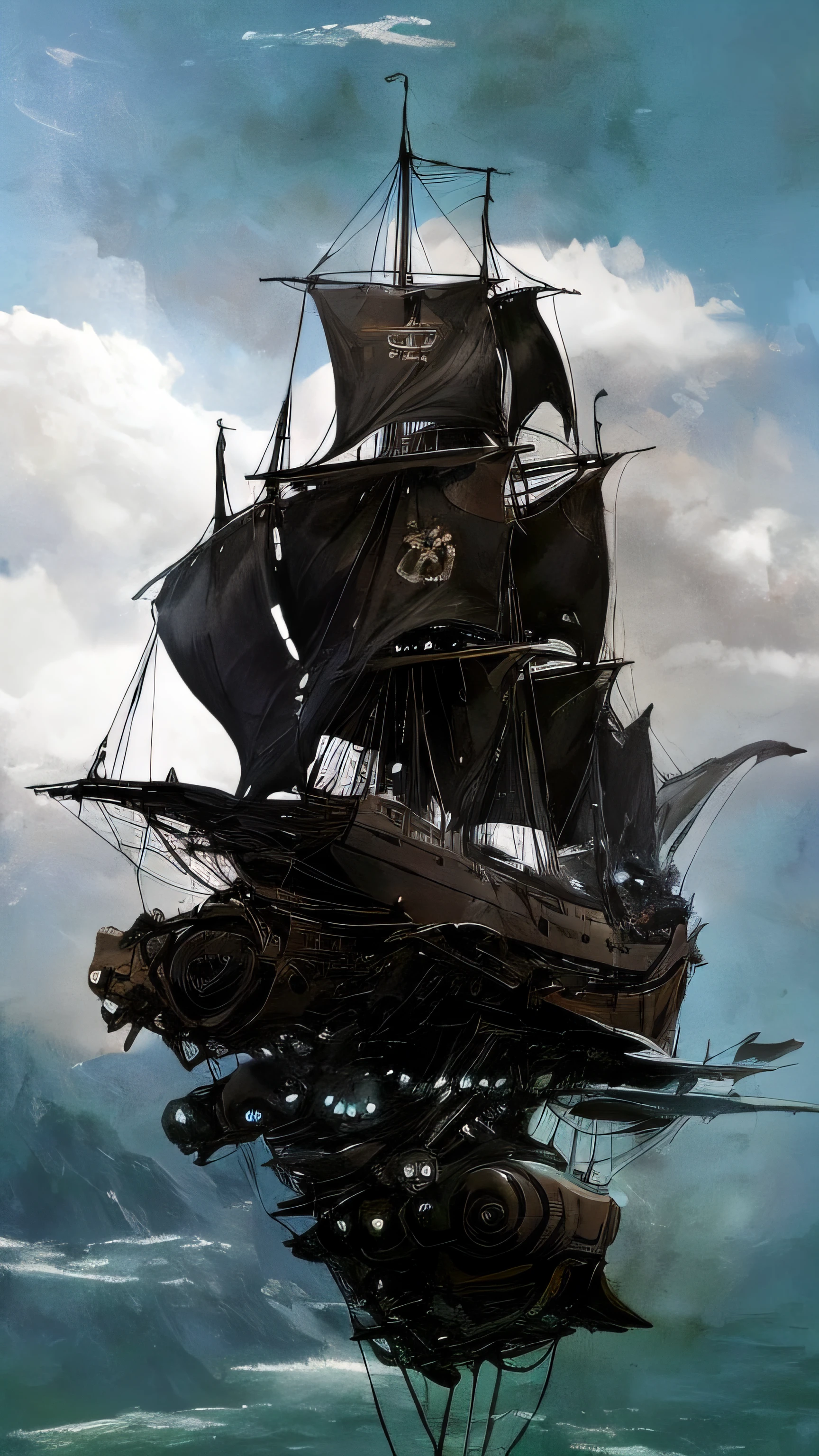 There is a big boat that is floating on the water, gothic ship on ocean, an impossibly huge pirate ship, velas rotas, Viejo barco pirata, barco pirata, Arte conceptual altamente realista, barco destruido, barcos piratas, Antoine Collignon, owl, dramatic concept art, The Flying Dutchman, Impresionante foto arte conceptual real
