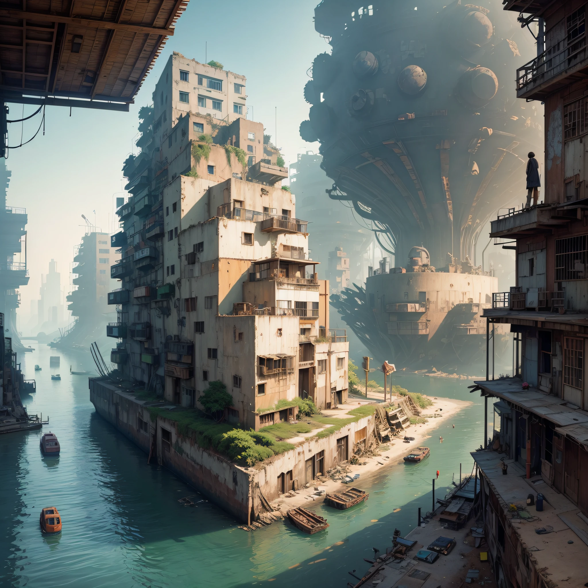 dystopian city of junks, junk, rust, garbage, trash, broken, multiple levels of jubk, pilgrims and visitors from space, studio ghibli --auto
