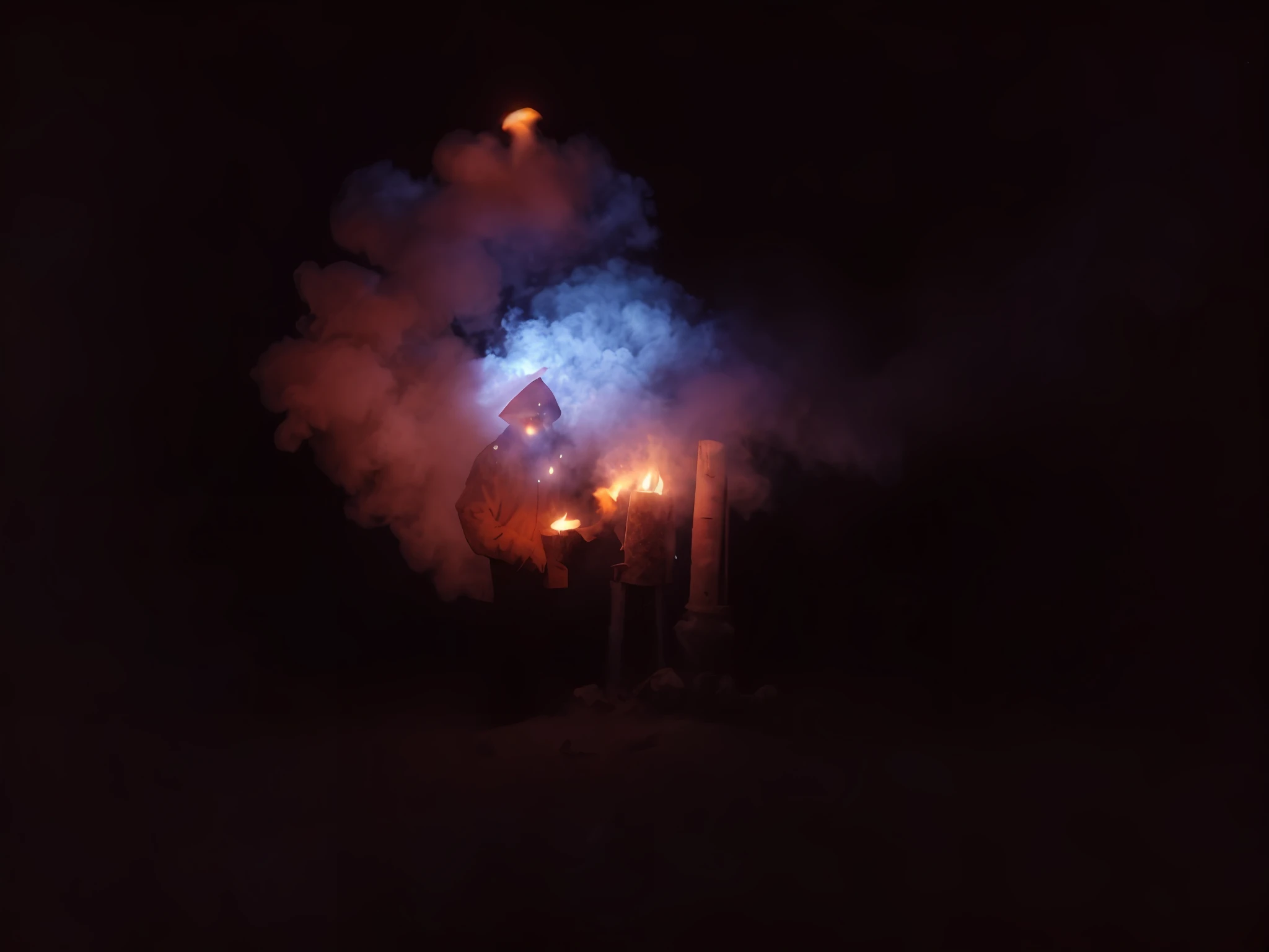 there is a man standing in the dark holding a lit up fire, fuming effigy, with dark ghost smokes around, emerging from blue fire, ghostly smoke, photo taken at night, blue fire!, lights and smoke, witch burning, fire and smoke columns, blue flames surrounding, ashes and smoke columns, pyrotechnics, torches alit in the background