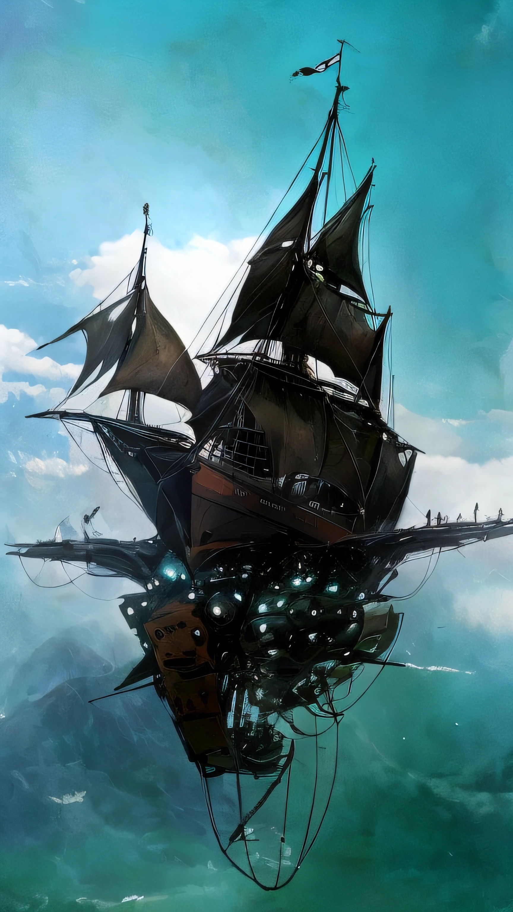 There is a big boat that is floating on the water, gothic ship on ocean, an impossibly huge pirate ship, velas rotas, Viejo barco pirata, barco pirata, Arte conceptual altamente realista, barco destruido, barcos piratas, Antoine Collignon, owl, dramatic concept art, The Flying Dutchman, Impresionante foto arte conceptual real