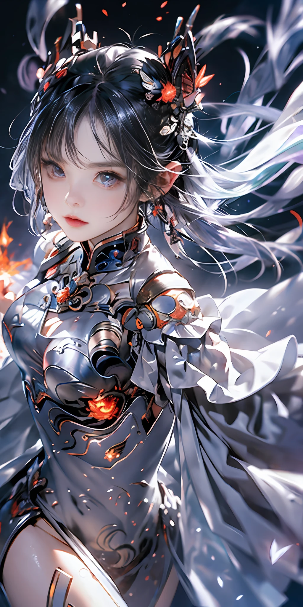 1 girl in、You have transformed into a sword-wielding wizard monster girl。With bright purple hair and crimson eyes、He has a fighting spirit on his face.。In his right hand he holds a shining sword.、The blade is wearing flames。The body is light and agile.、Soar freely in the air