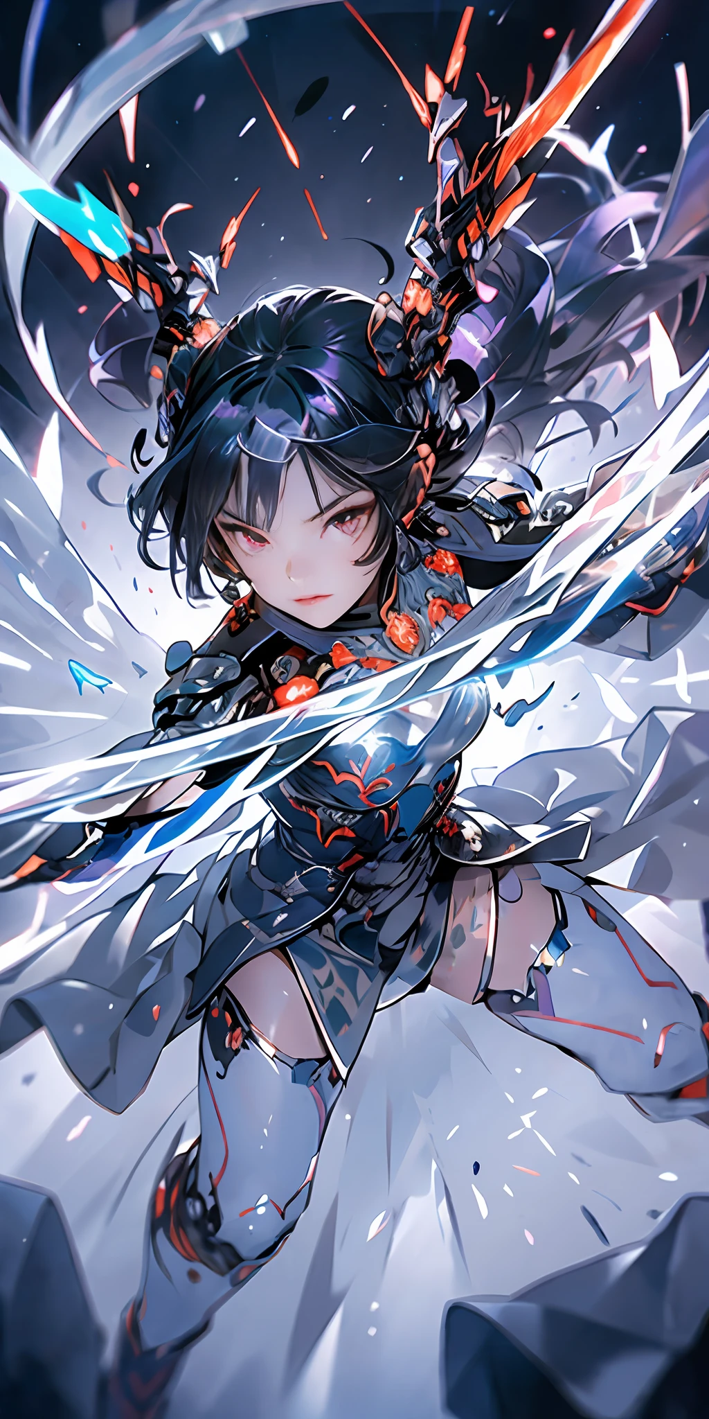 1 girl in、You have transformed into a sword-wielding wizard monster girl。With bright purple hair and crimson eyes、He has a fighting spirit on his face.。In his right hand he holds a shining sword.、The blade is wearing flames。The body is light and agile.、Soar freely in the air
