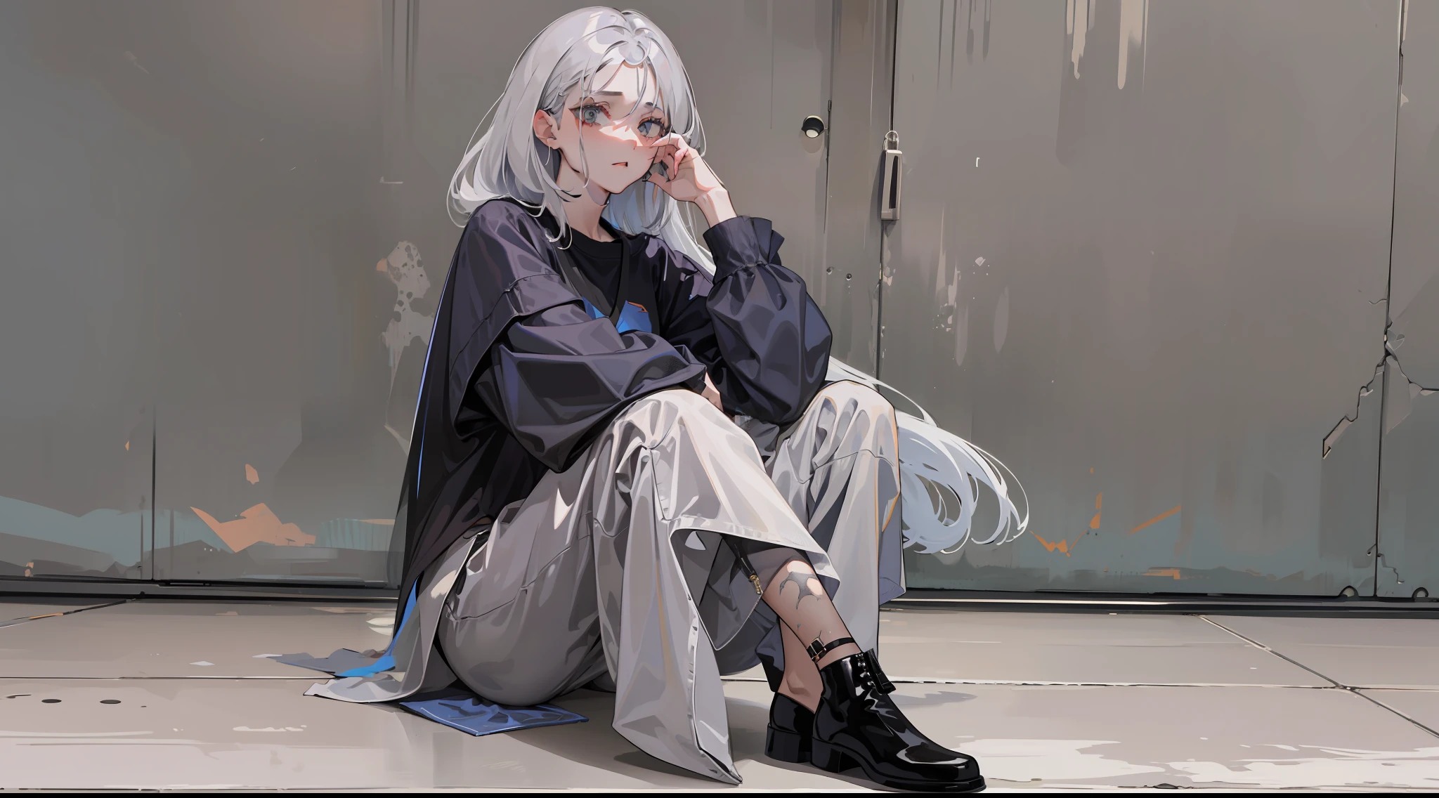 Woman sitting on chair in black top and jeans, Baggy pants, dressed with long fluent clothes, wearing a long flowy fabric, casual clothing style, Acid cleaning layer, wearing a baggy, multilayered outfit, Silver and muted colors, Relaxed style, grey Clothes, Pants, baggy, Gray skin. grunge, Styling
