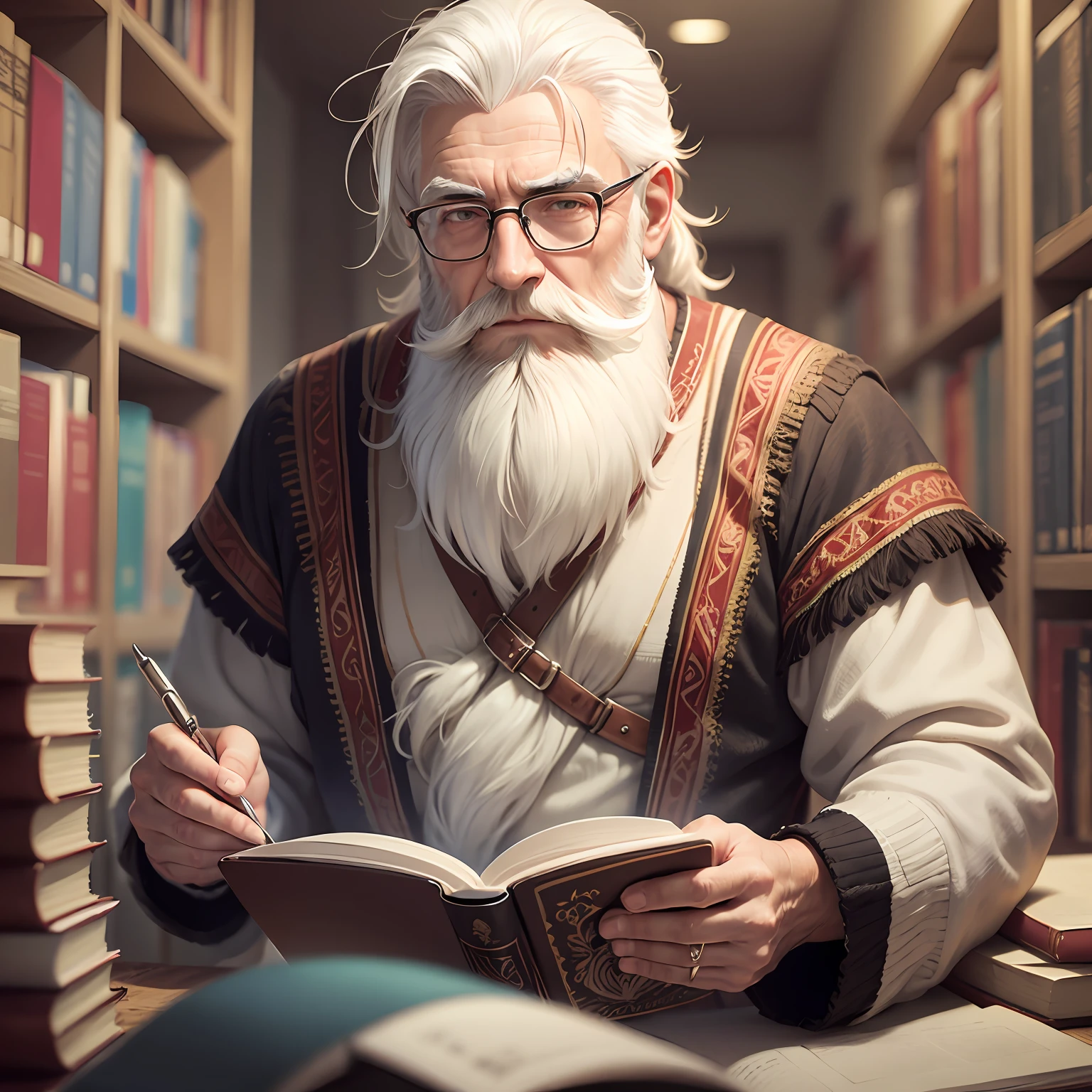 an elder with beards and white hair, com rosto sereno com roupa de professor e livros nas maos mulato e careca --auto --s2