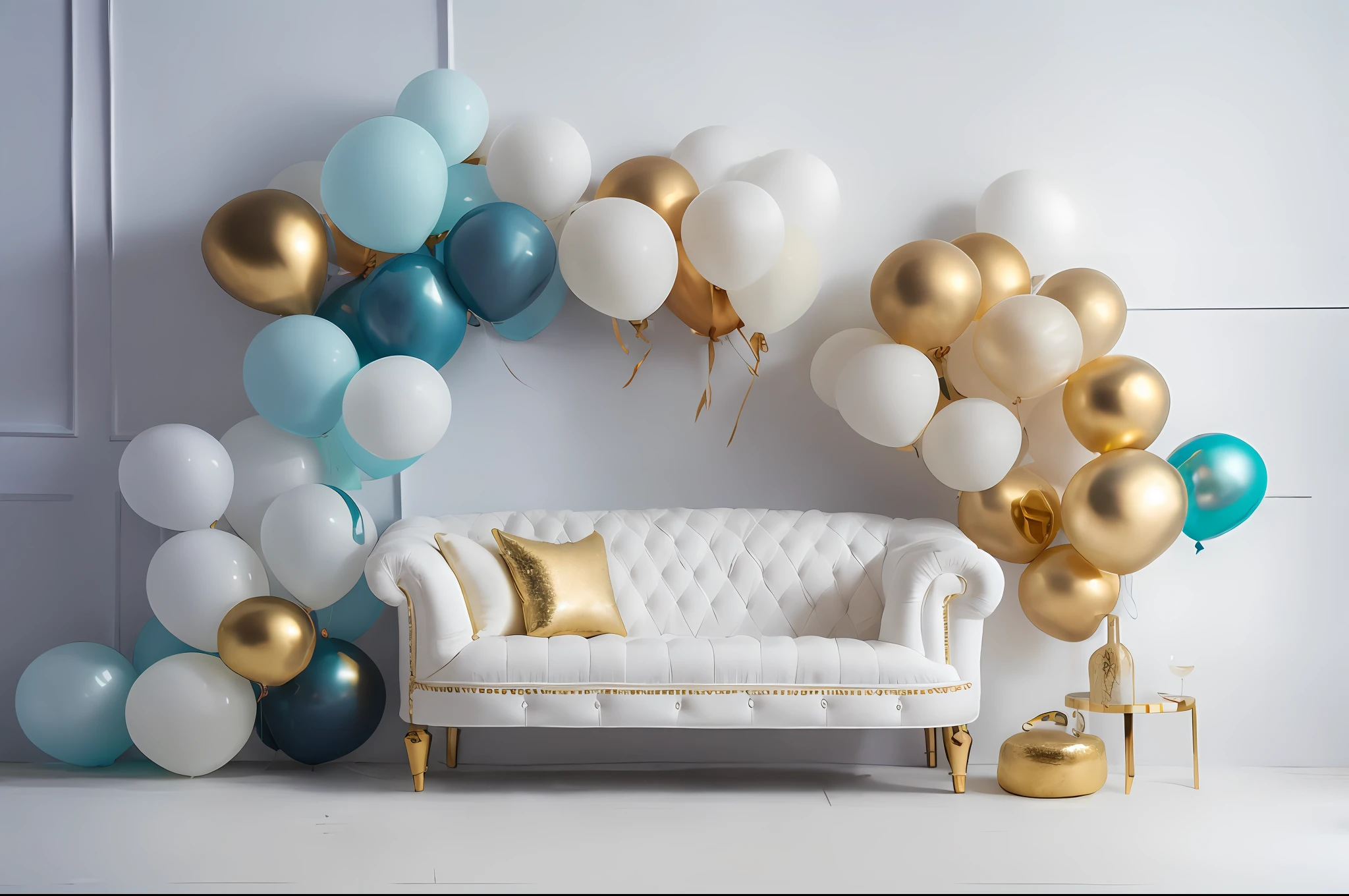 balloons are in the air and a couch is in front of a wall, party balloons, white and teal metallic accents, balloons, blue and white and gold, white and gold color scheme, gold and teal color scheme, blue and gold color scheme, baloons, perfect maximalistic composition, teal white gold color palette, hight decorated, white and blue color scheme