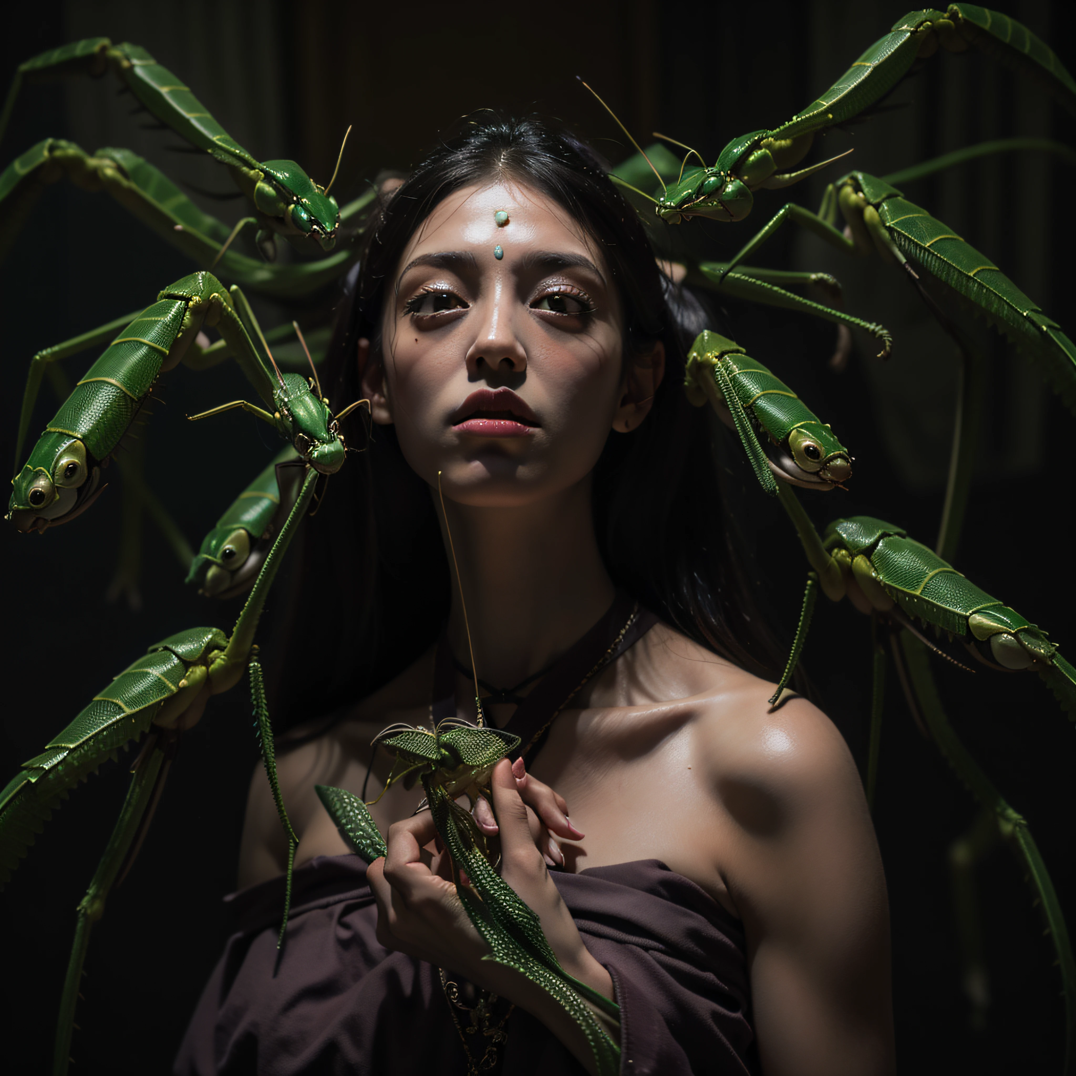 "((Obra maestra))(The best lighting, alto contraste, oscuro, dramatic, Acabado fotorrealista),(mujer con brazos de mantis religiosa, insecto, monja, enfado, Llorosos),(Baphometh saca la lengua), viejos, lobos, gusanos, lombrices, Serpientes. Luz Caravaggio"