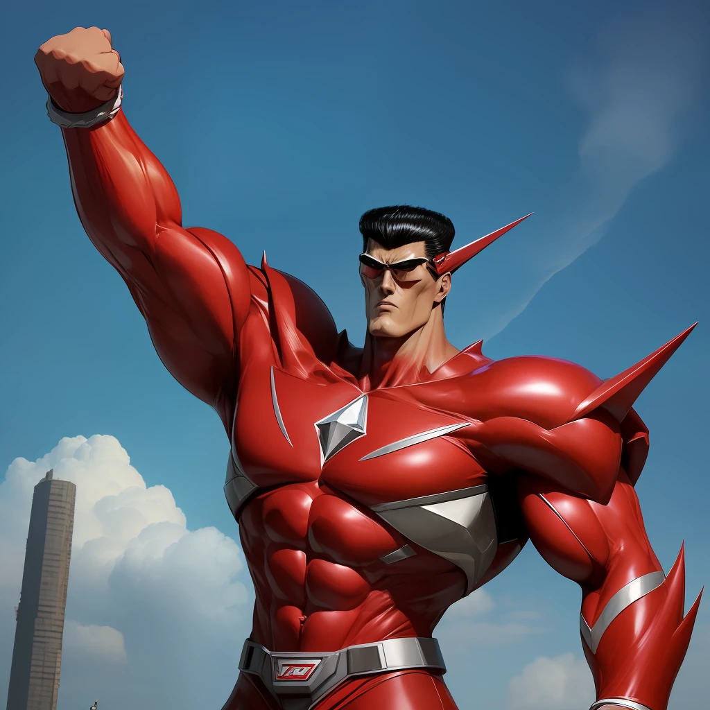 (obra-prima, qualidade soberba, Super delicado, alta resolução), Foco masculino, (((Novo Ultraman))), ((without muscles))), (Your head is tuned in the middle, Its body is made of red and silver, your arms are simplified, ele parece alto e magro, The overall shape is streamlined and modern), ((He placed his right hand near his head in a triangular shape, and his left hand clenched his fist in an elevated position above him))), posando para fotos, high angle, Noite escura, ruins of the city, detalhes de fundo, (((corpo inteiro))), (((Sense of grandeur)), ((Toguro)), ((((in action))))
