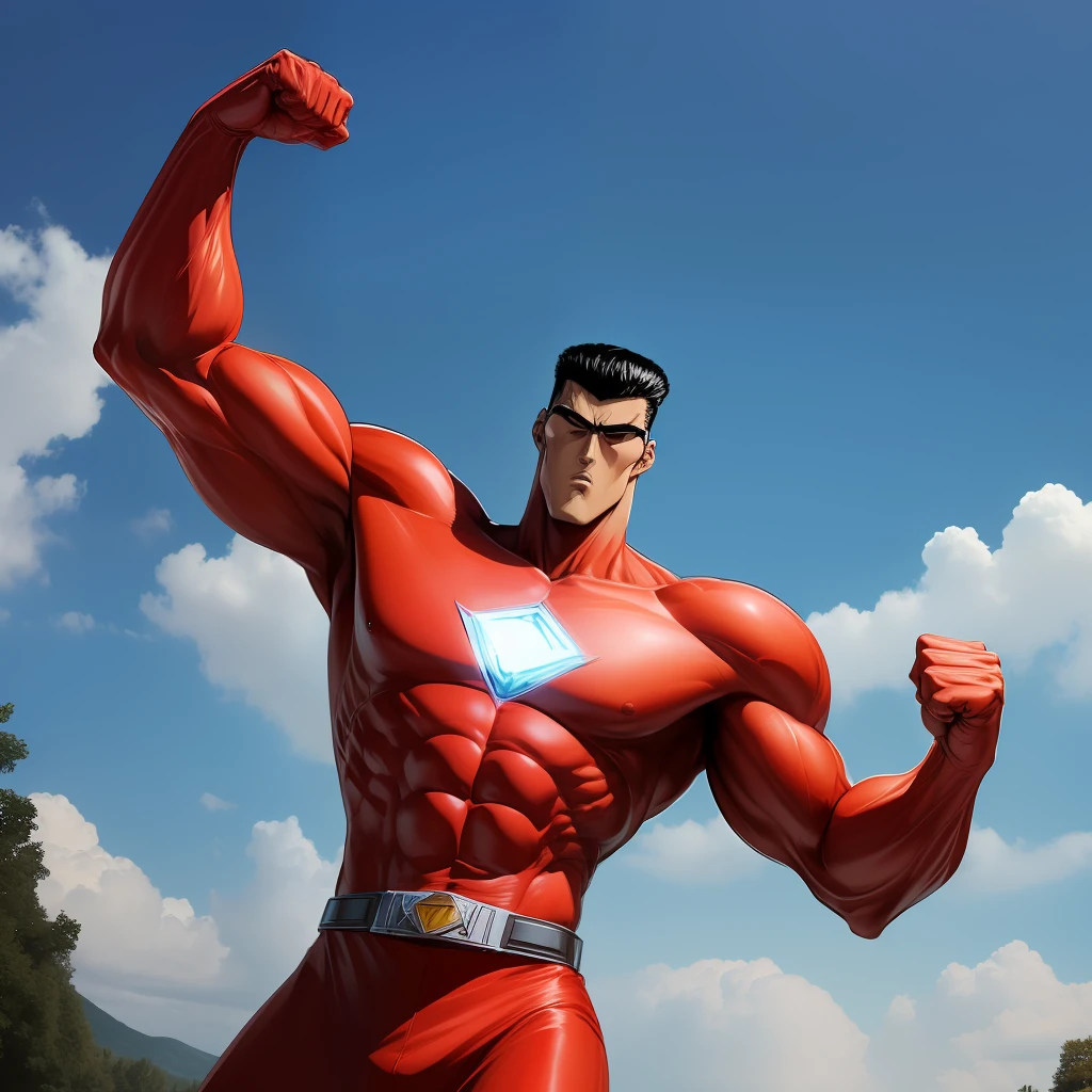(obra-prima, qualidade soberba, Super delicado, alta resolução), Foco masculino, (((Novo Ultraman))), ((without muscles))), (Your head is tuned in the middle, Its body is made of red and silver, your arms are simplified, ele parece alto e magro, The overall shape is streamlined and modern), ((He placed his right hand near his head in a triangular shape, and his left hand clenched his fist in an elevated position above him))), posando para fotos, high angle, Noite escura, ruins of the city, detalhes de fundo, (((corpo inteiro))), (((Sense of grandeur)), ((Toguro)), ((((in action))))