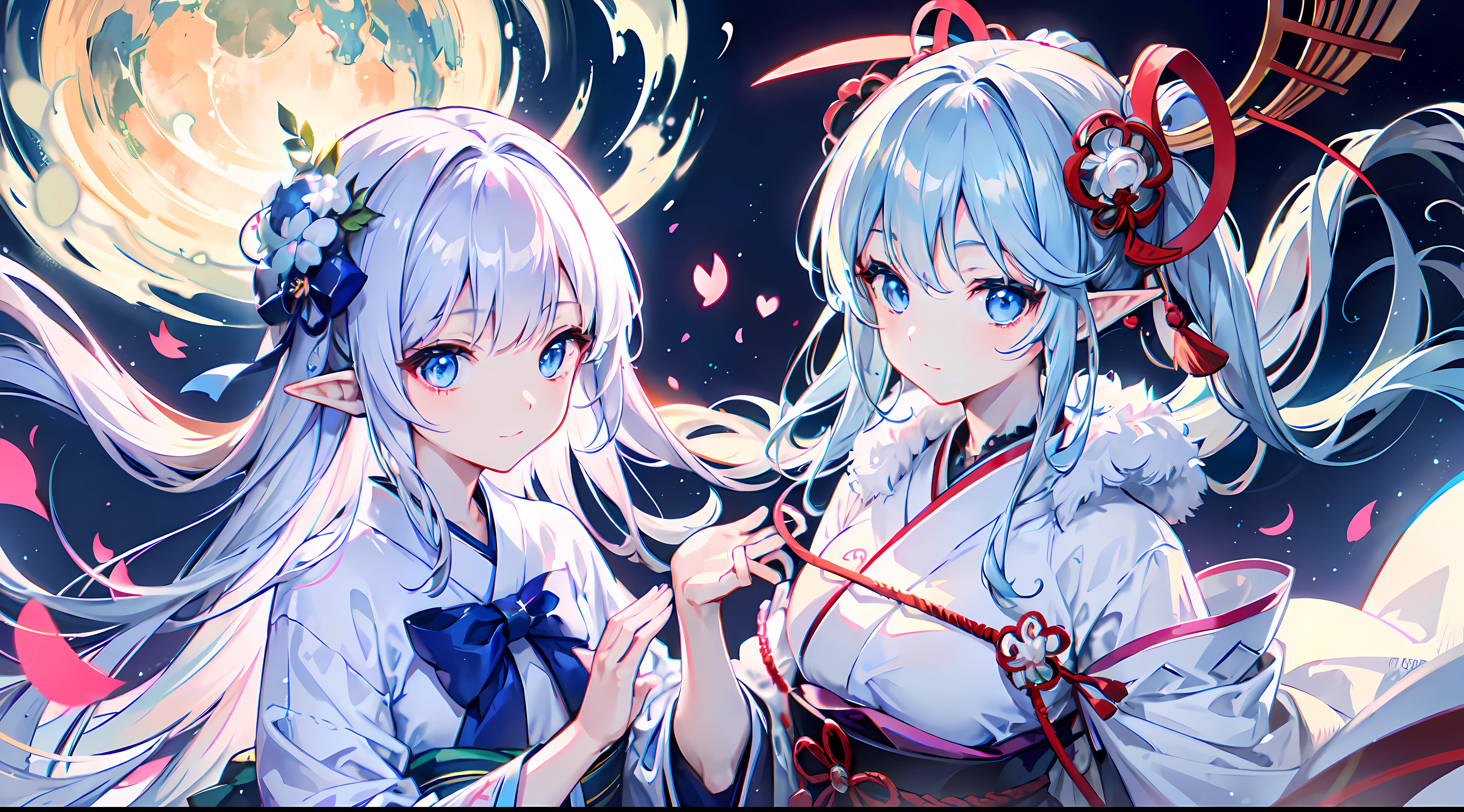 ​masterpiece、Faithful to human anatomy、Simple hands、Elf in Japanese Clothes、Japan Faces、Face of vertical ellipse、He had a bow in his right hand、Blue eyes、long Brond Hair、japanese temples、Great light source、Dynamic Poses、Ruddy cheeks、ssmile、The heart of abandoned Tokyo、Eyes beautiful blue eyes