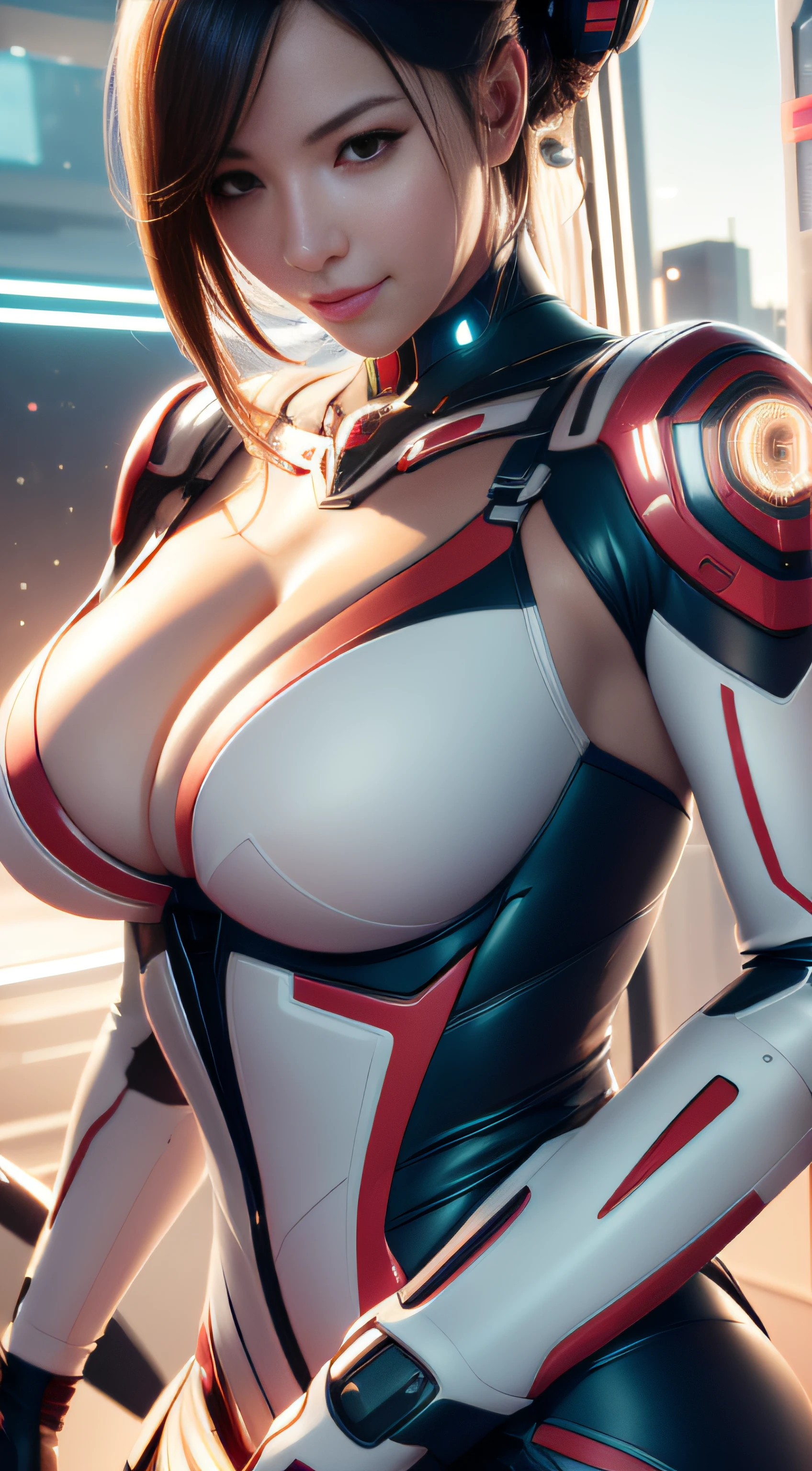 Highest image quality,Outstanding details,超高分辨率,(Fidelity:1.4),The best illustration,Favor the details,closeup cleavage,A mech girl,He has a delicate and beautiful face,((Red and white semi-mechanical body:1.8)),Raised sexy,cleavage,onbed,frontage,cyber punk perssonage,Futuristic,mechanically aesthetic,Complex machinery,The background is a high-tech lighting scene in the future city,Virtual Engine 5,Perfect detail rendering,rendering by octane,hyper HD