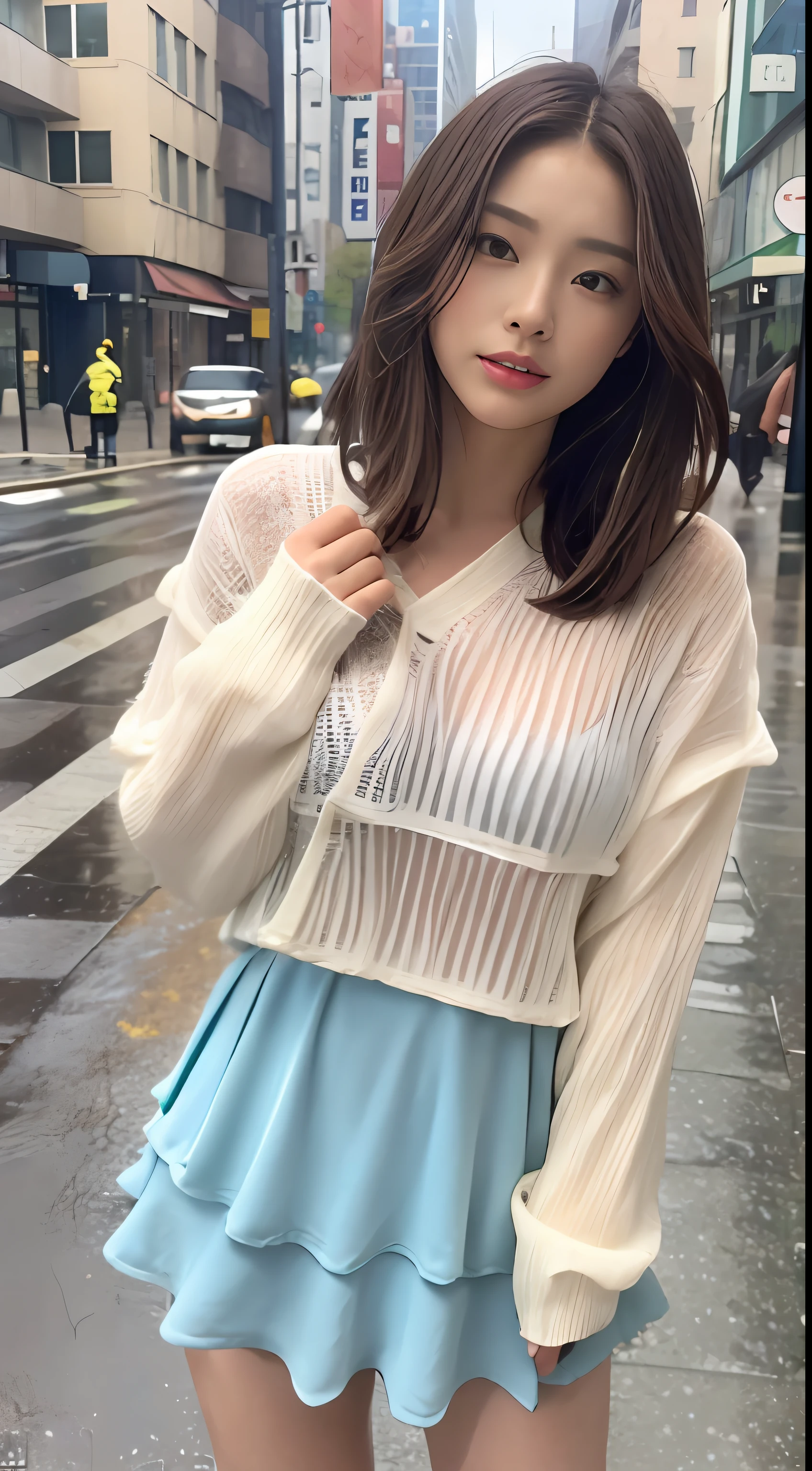 ((best qualtiy, 8K, tmasterpiece:1.3)), Focus:1.2, perfect figure beautiful woman:1.4, Cocked buttocks:1.2, ((Cut hair in layers, Beautiful breasts)), (wetclothes:1.1) , (rain, street:1.3),（（White skirt:1.1，Crewneck dress:1.1））,Highly detailed facial and skin texture, A detailed eye, 二重まぶた，Whiten skin，long whitr hair
