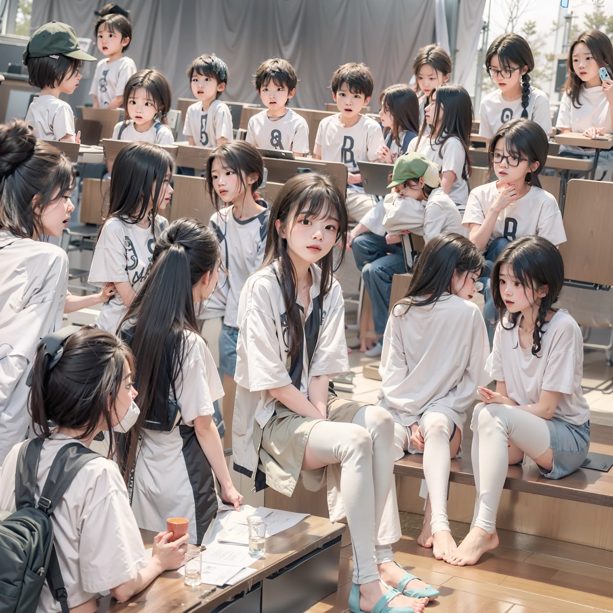 A boy peeing，Wears white short sleeves，shorter pants，White silk pantyhose，The barefoot，Stand on the podium，Shyly looked at the classmates under the podium，Black hair，Realiy，Need，tmasterpiece。