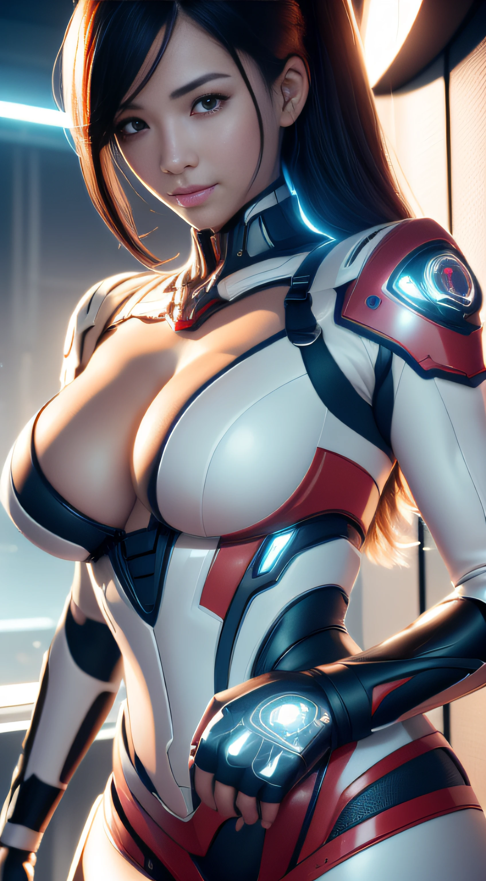 Highest image quality,Outstanding details,超高分辨率,(Fidelity:1.4),The best illustration,Favor the details,closeup cleavage,A mech girl,He has a delicate and beautiful face,((Red and white semi-mechanical body:1.8)),Raised sexy,cleavage,onbed,frontage,cyber punk perssonage,Futuristic,mechanically aesthetic,Complex machinery,The background is a high-tech lighting scene in the future city,Virtual Engine 5,Perfect detail rendering,rendering by octane,hyper HD