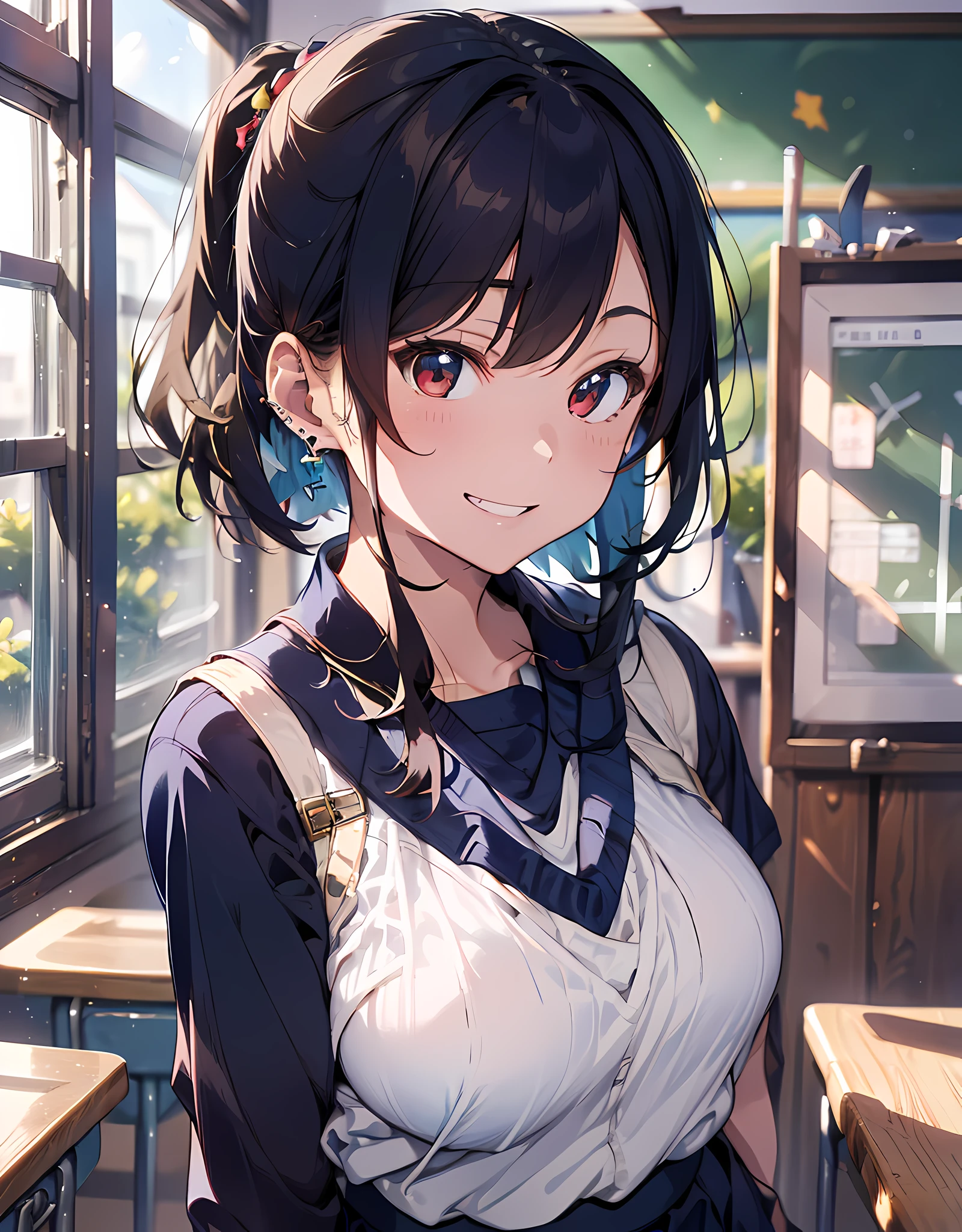 masterpiece, best quality, highres, ultra-detailed, ultra-sharp, Japanese school girl, 1girl, black hair, medium hair, pony-tail hair style, red eyes, jewelry, earrings, piercing, ((detailed school girl uniform:1.3), white collard shirt, (((navy jumper skirt:1.3))), lovely look), grin, light smile, standing, cowboy shot, outdoors, arms behind back, arms behind on hip, detailed human hands, HDTV:1.2, ((detailed school room background:1.3)), 8 life size, anime style, anime style school girl, inspiration from Kyoto animation and A-1 picture,