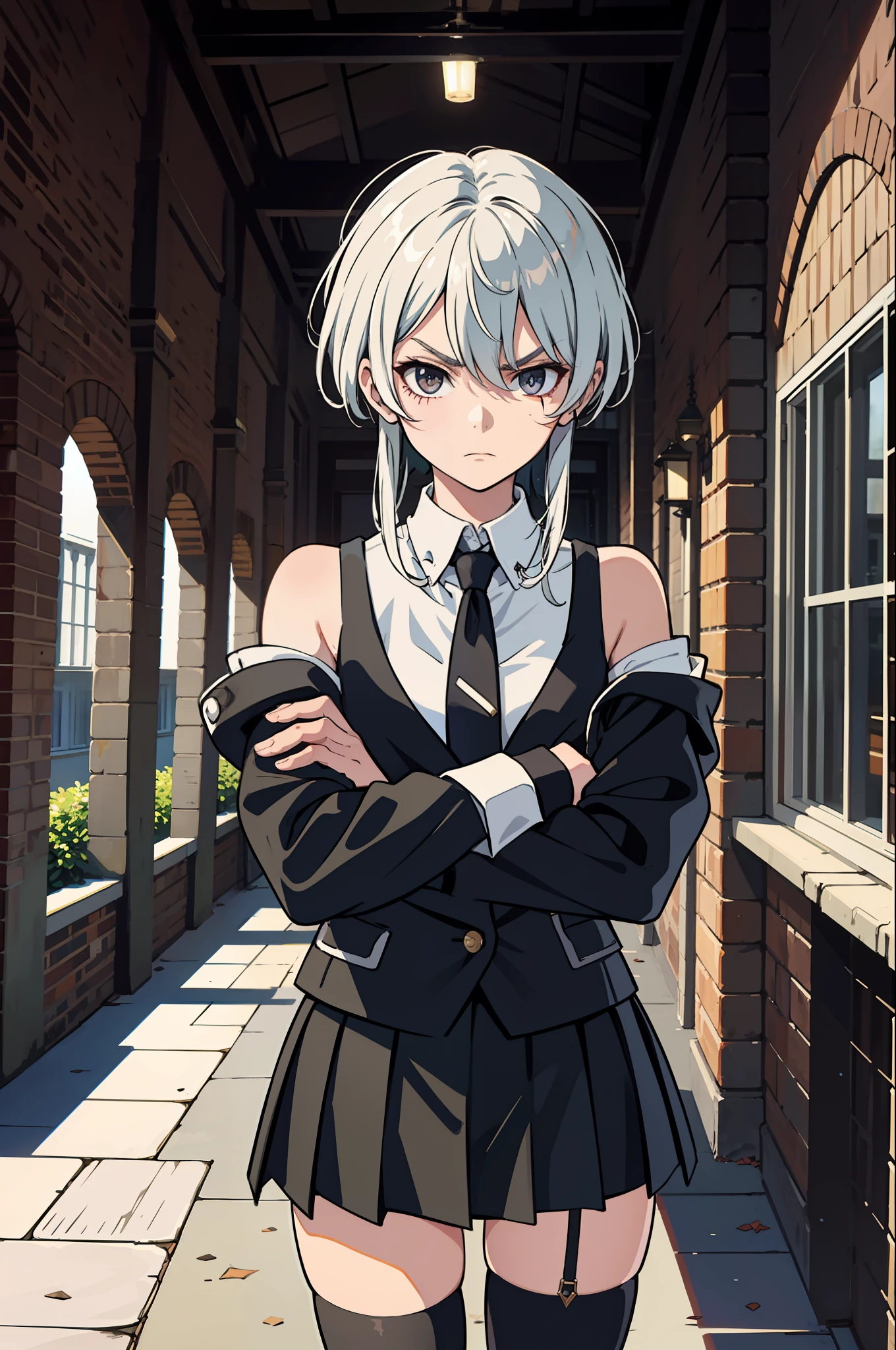 1boy ,,masterpiece, best quality, , scar over eye, white shirt,, bare shoulders, black jacket, black skirt, thighhighs, cowboy shot, crossed arms, furrowed brow, serious expression, schoolhouse, courtyard
