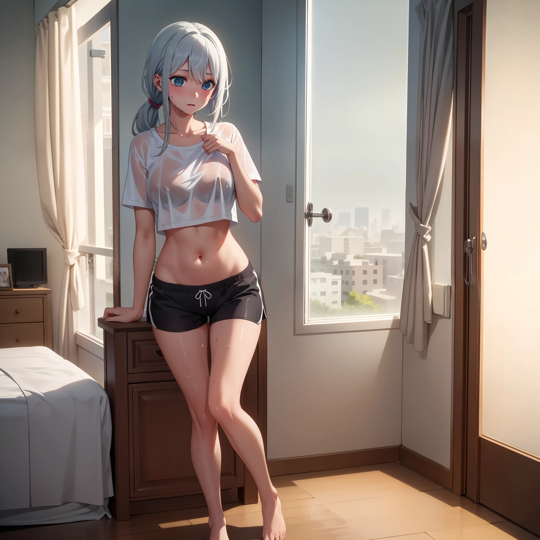 masterpiece, 8k, 1 girl, Looking at the audience, full body, shy face, ( expression details : 1.3 ), ( professional lighting) White hair, pony style, crop top underwear, no bra, changing clothes, Stomach, shorts, random bedroom background, ( weather : after rain ) wet, wet clothes, sweaty, wet hair, hard nipple, medium chest, Sit,