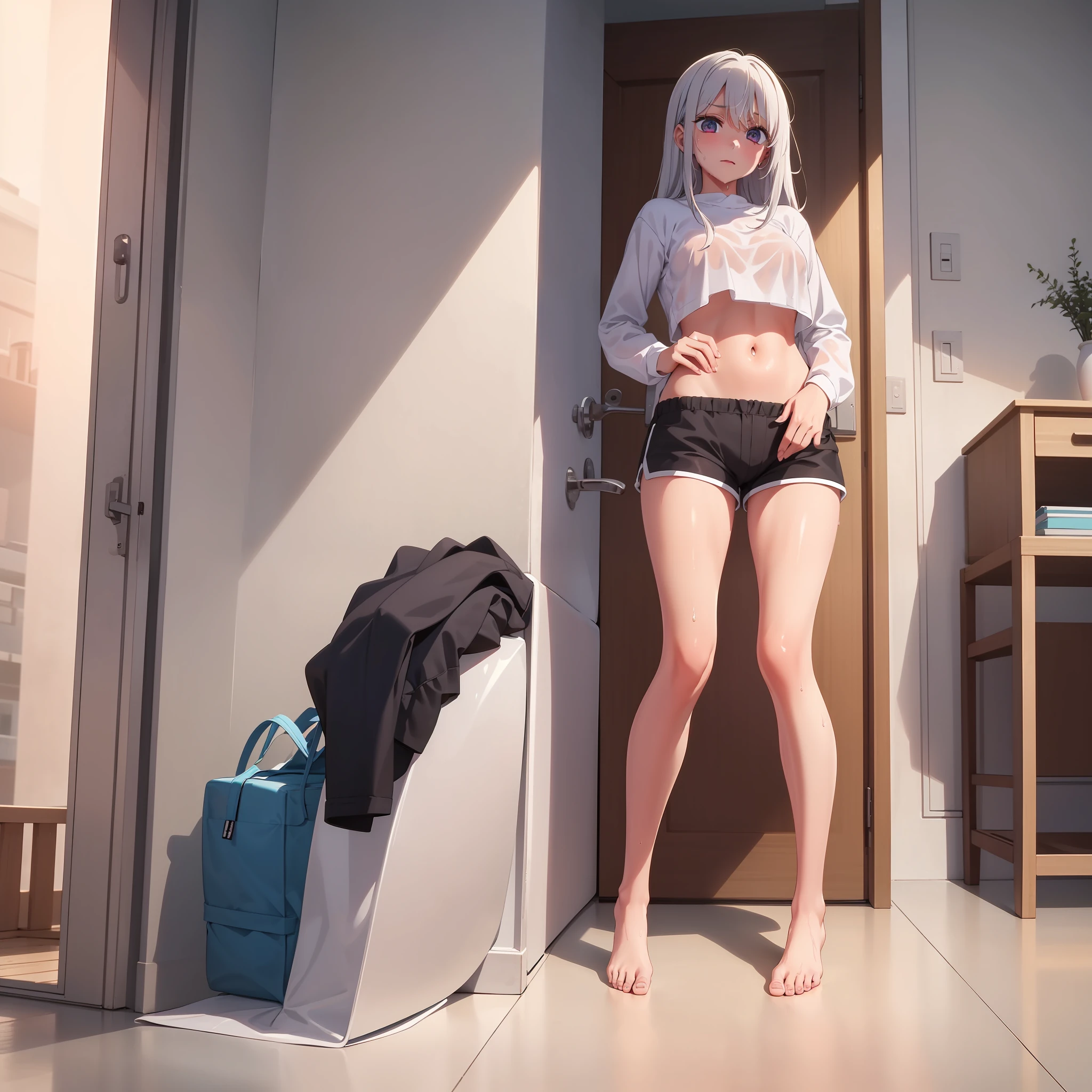 masterpiece, 8k, 1 girl, Looking at the audience, full body, shy face, ( expression details : 1.3 ), ( professional lighting) White hair, pony style, crop top underwear, no bra, changing clothes,  Stomach, shorts, random bedroom background, ( weather : after rain ) wet, wet clothes, sweaty, wet hair, hard nipple, medium chest, Sit,